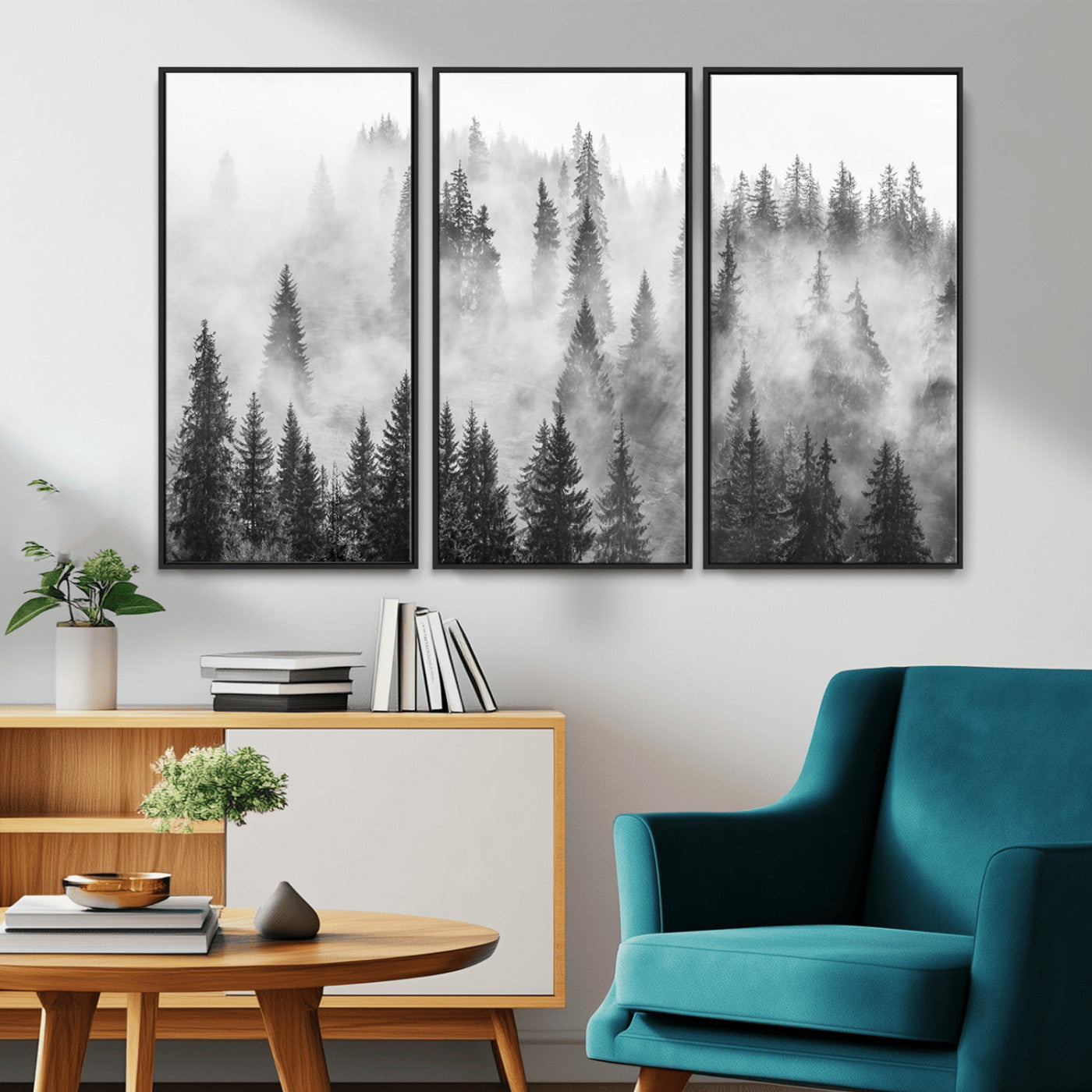 10422-MGV-CV-36X24-Misty Pine Forest Wall Art – Black and White Foggy Landscape Canvas Print, Serene Nature Woodland Decor for Bedroom, Office or