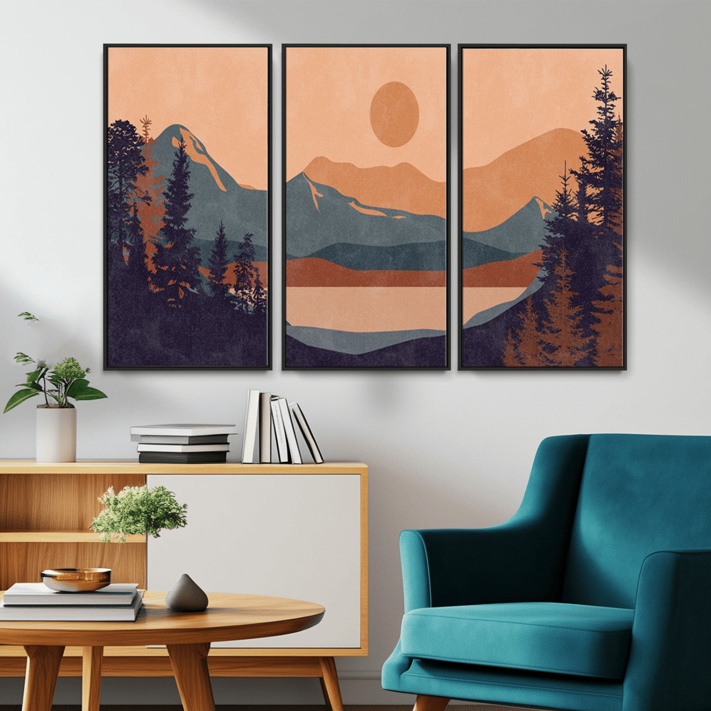 62795-MGV-CV-36X24-Minimalist Mountain Landscape Wall Art – Abstract Sunset Over Peaks and Pine Trees Canvas Print, Modern Nature Decor for Living