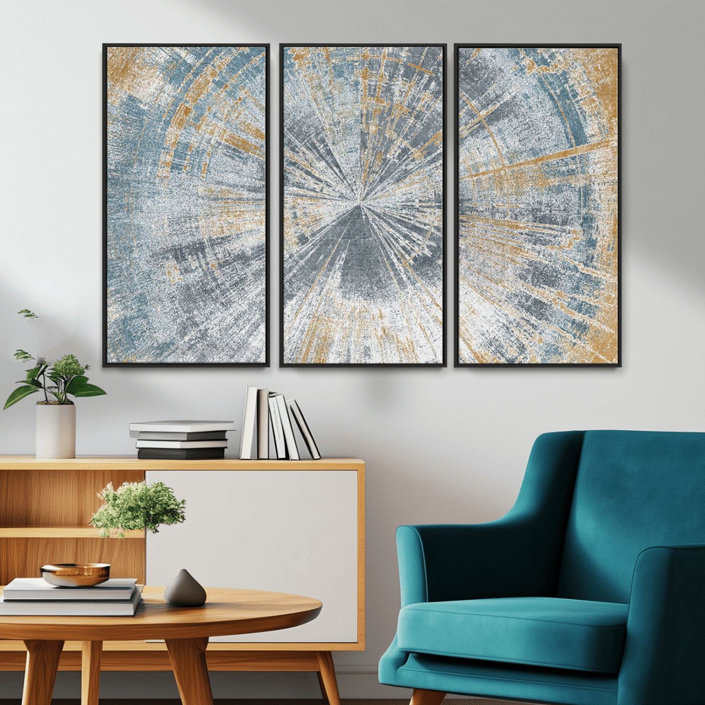 17631-MGV-CV-36X24-Radiant Burst Wall Art – Abstract Sunburst Canvas Print in Blue and Gold, Modern Geometric Painting for Living Room, Office or