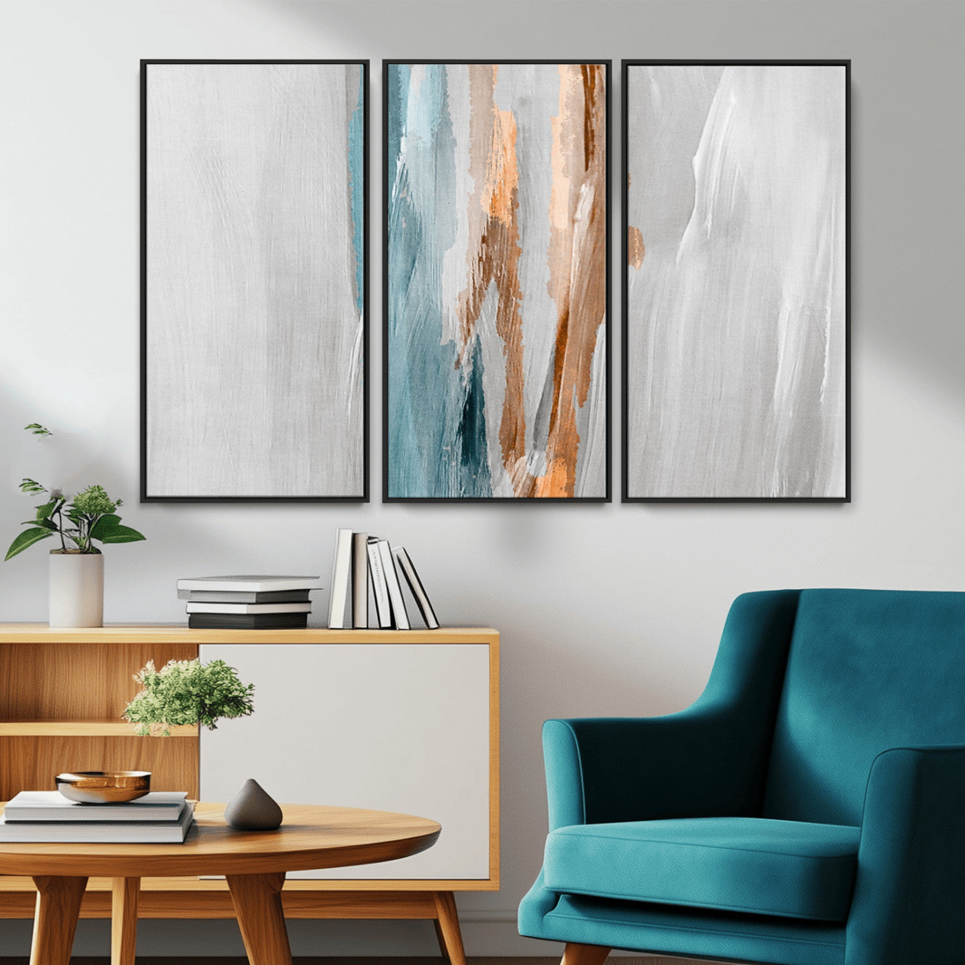 66154-MGV-CV-36X24-Abstract Brushstroke Wall Art – Modern Teal and Gold Canvas Print, Minimalist Contemporary Painting for Living Room, Bedroom, or