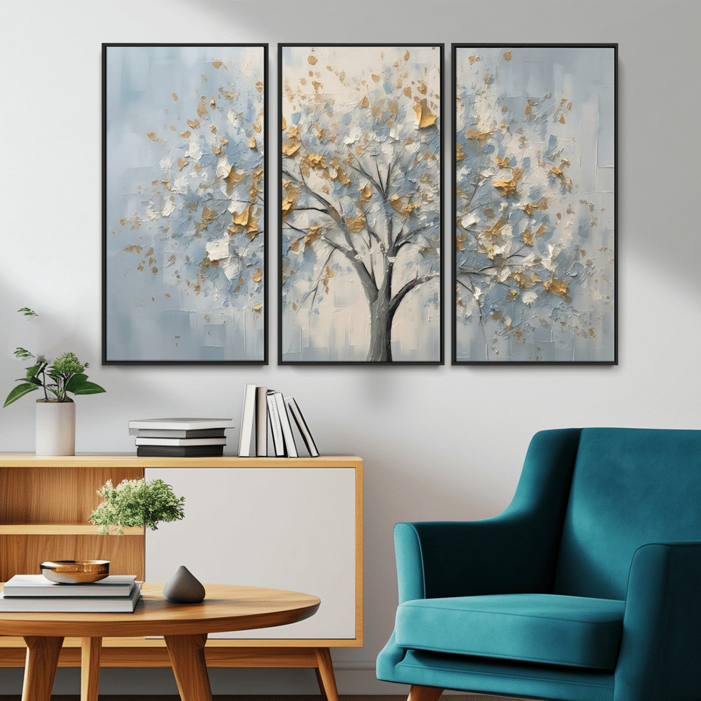 65811-MGV-CV-36X24-Abstract Tree Wall Art – Textured Canvas Painting with Gold and White Leaves, Modern Nature Inspired Decor for Living Room or