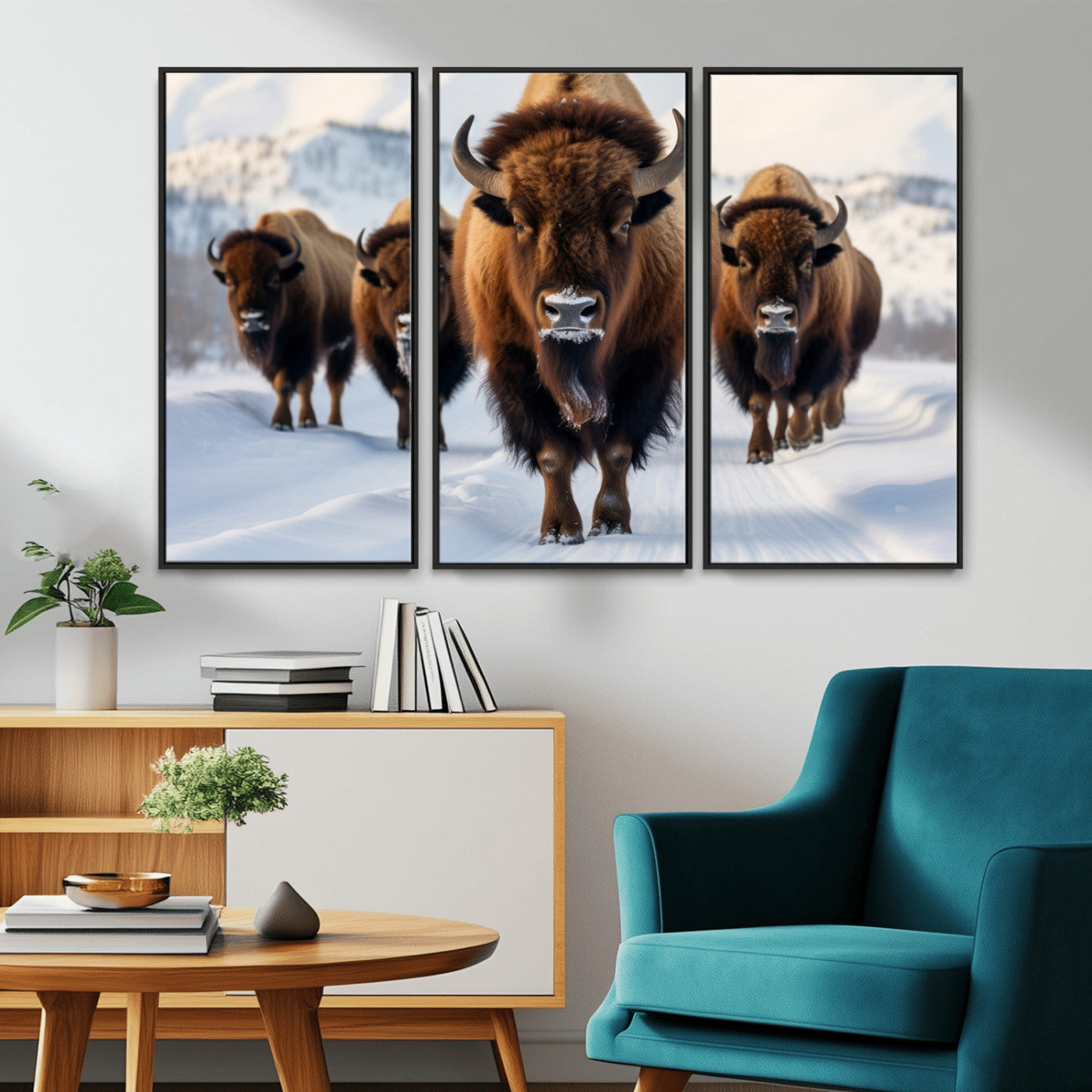 56701-MGV-CV-36X24-Bison Herd Wall Art – Buffalo Walking in Snowy Mountains Canvas Print, Rustic Wildlife Decor for Cabin, Lodge, or Living Room