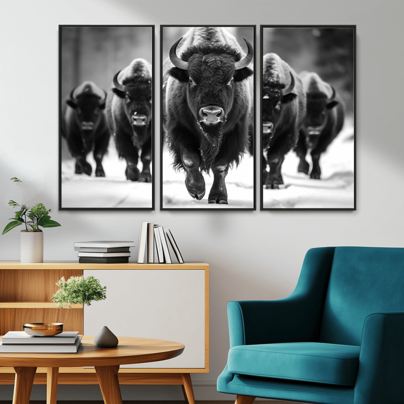 79872-MGV-FC-48X32-3P_Black-Bison Herd Wall Art – Black and White Buffalo on Snow Canvas Print, Rustic Wildlife Decor for Lodge, Cabin, or Living Room