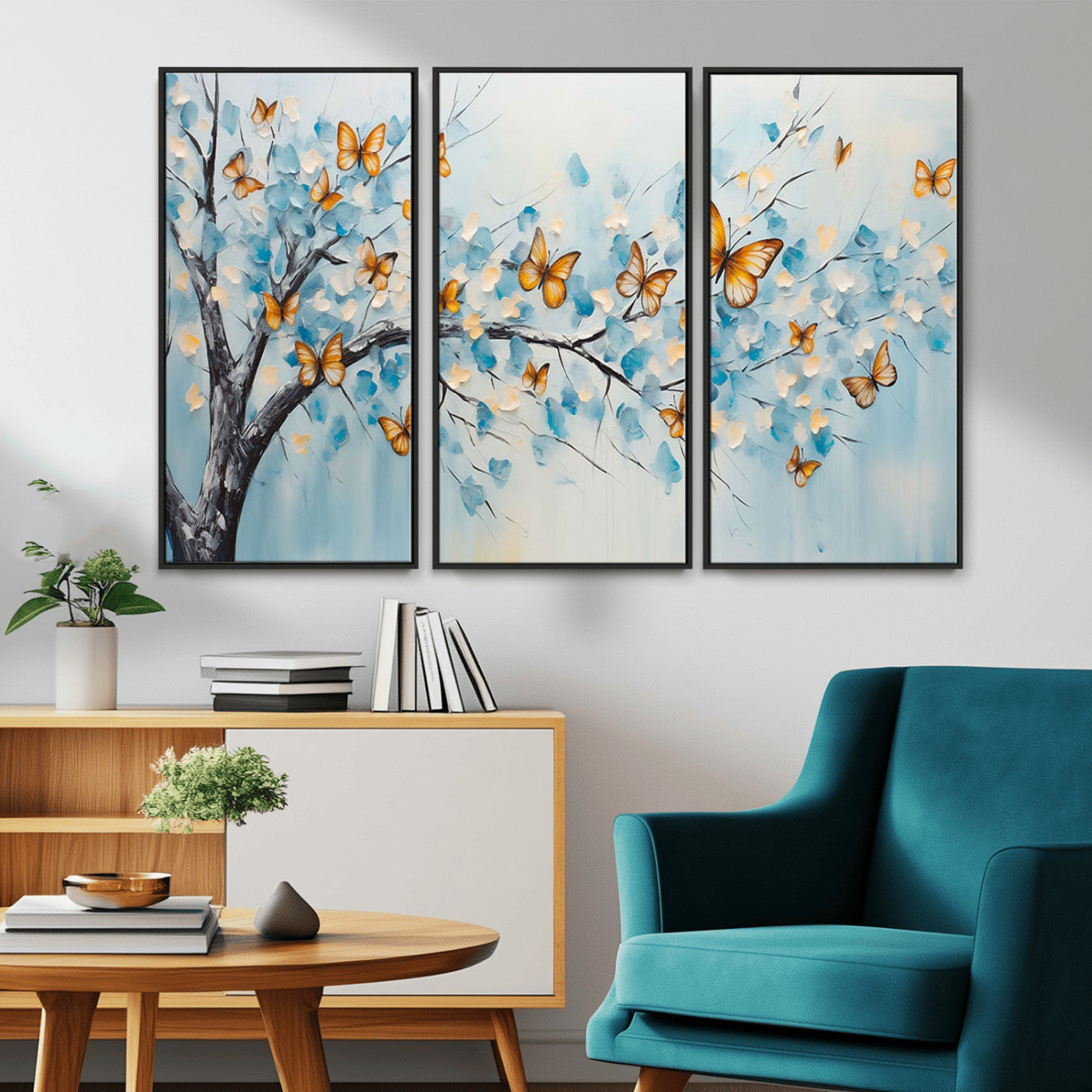 59455-MGV-CV-36X24-Butterfly Tree Branch Wall Art – Blue and Yellow Abstract Canvas Print, Modern Nature Artwork for Living Room, Bedroom or Office