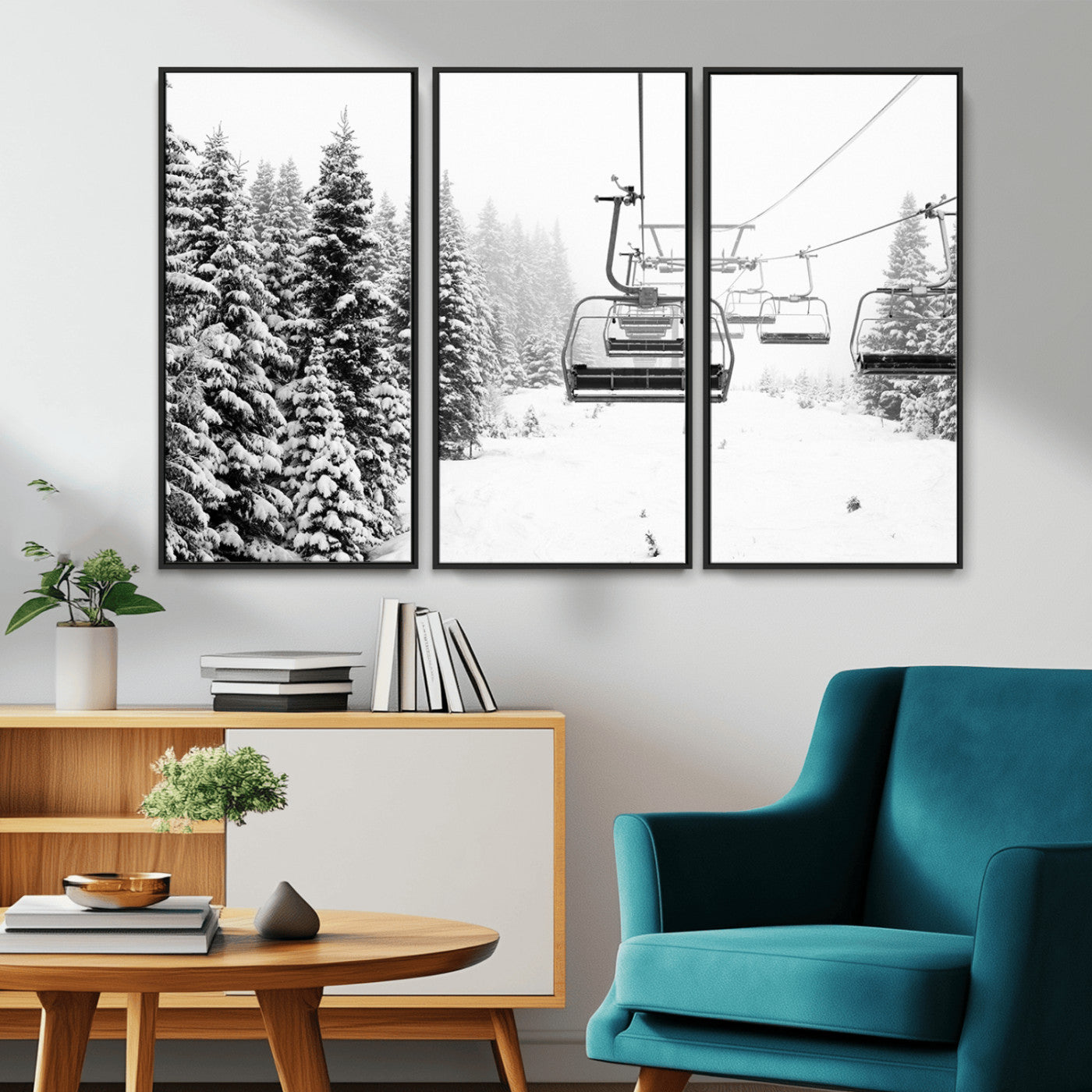 70609-MGV-CV-36X24-Snowy Ski Lift Wall Art – Black and White Winter Mountain Landscape Canvas Print, Rustic Lodge Decor for Cabin, Living Room or
