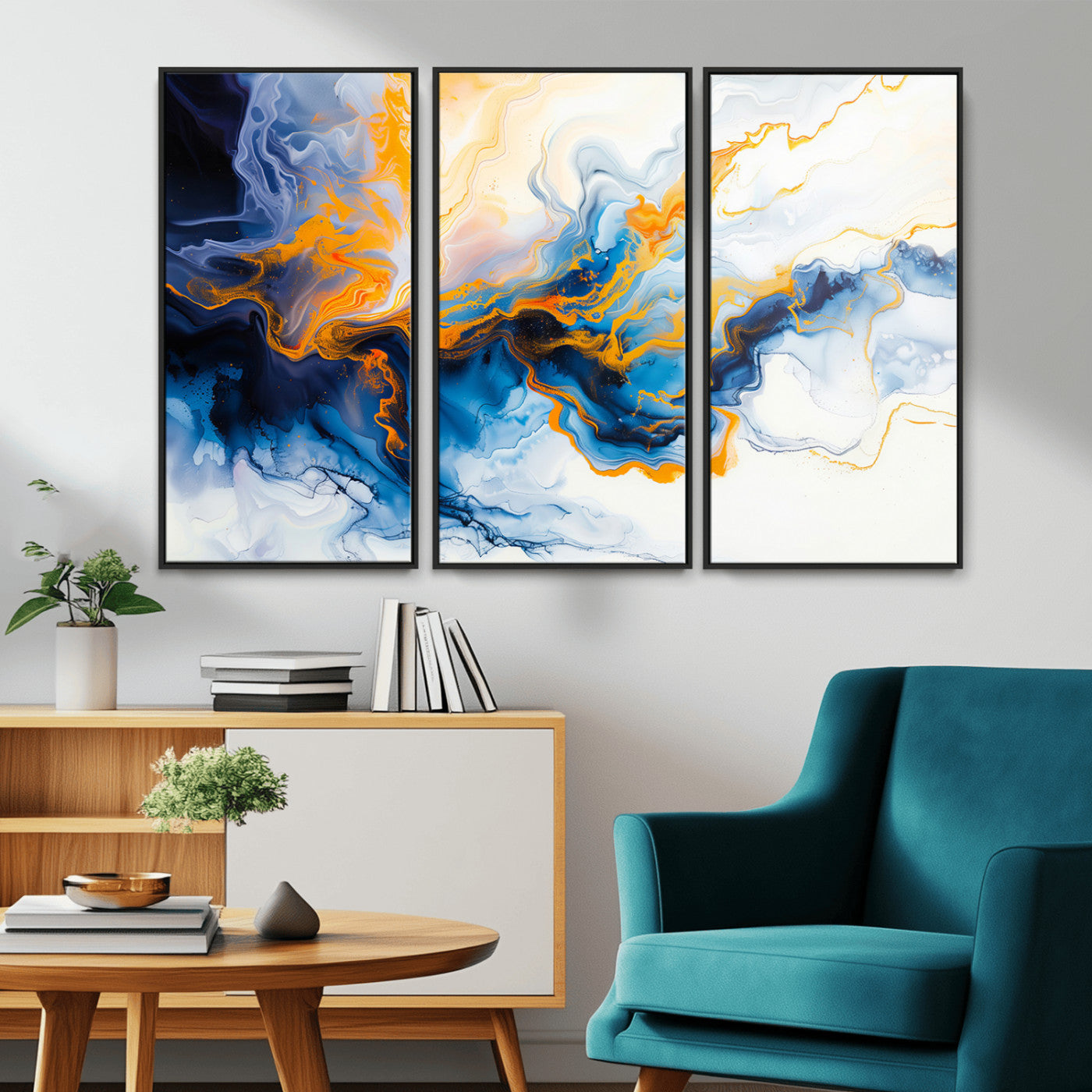 83720-MGV-CV-36X24-Abstract Fluid Wall Art – Blue, White and Gold Swirl Canvas Painting, Modern Contemporary Artwork for Living Room, Bedroom or
