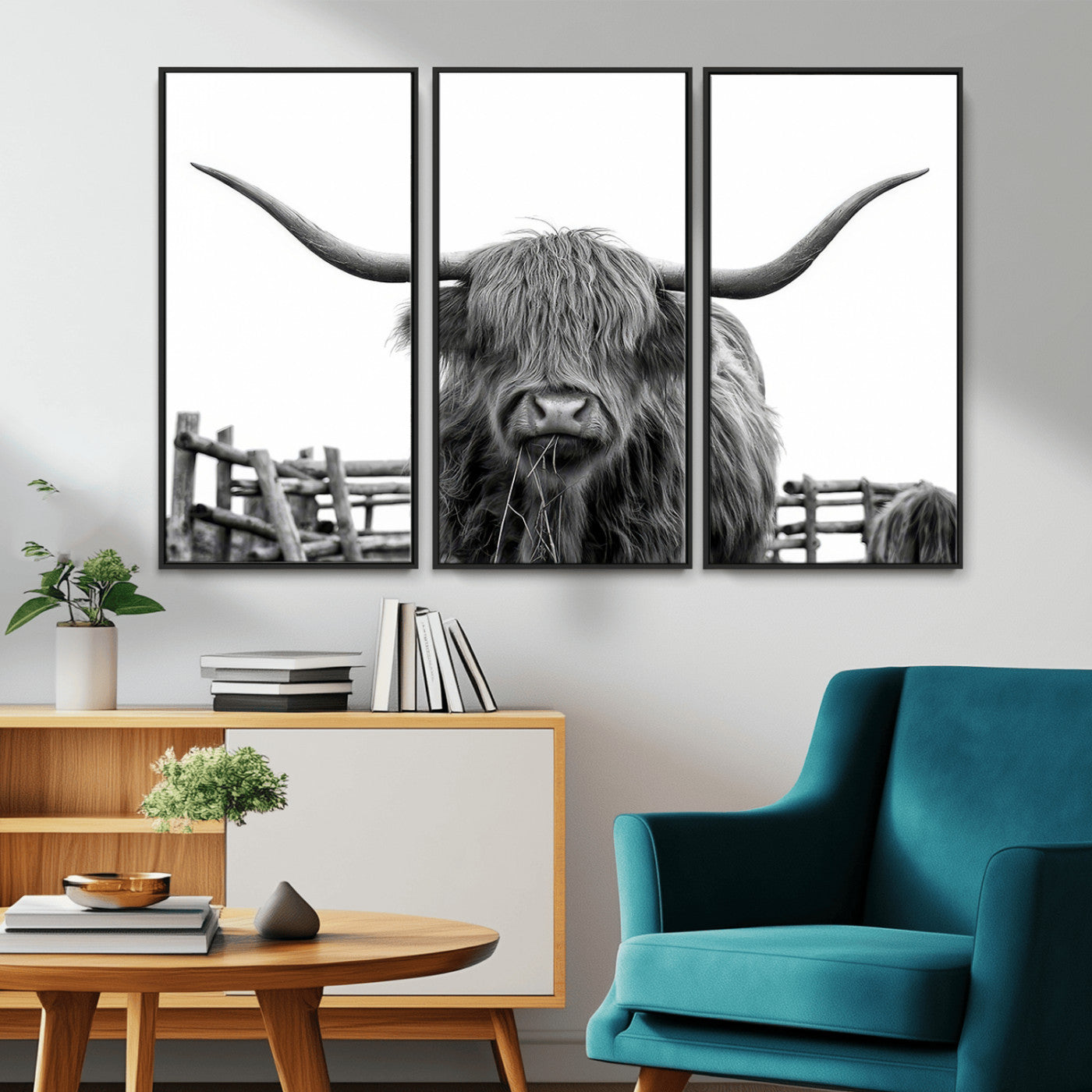 58188-MGV-CV-36X24-Highland Cow Wall Art – Black and White Rustic Farmhouse Canvas Print, Longhorn Cattle Photography Decor for Living Room or