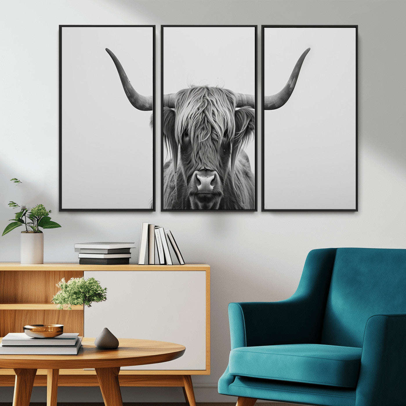 35820-MGV-CV-36X24-Minimalist Highland Cow Wall Art – Black and White Longhorn Cattle Canvas Print, Modern Farmhouse Animal Photography Decor for