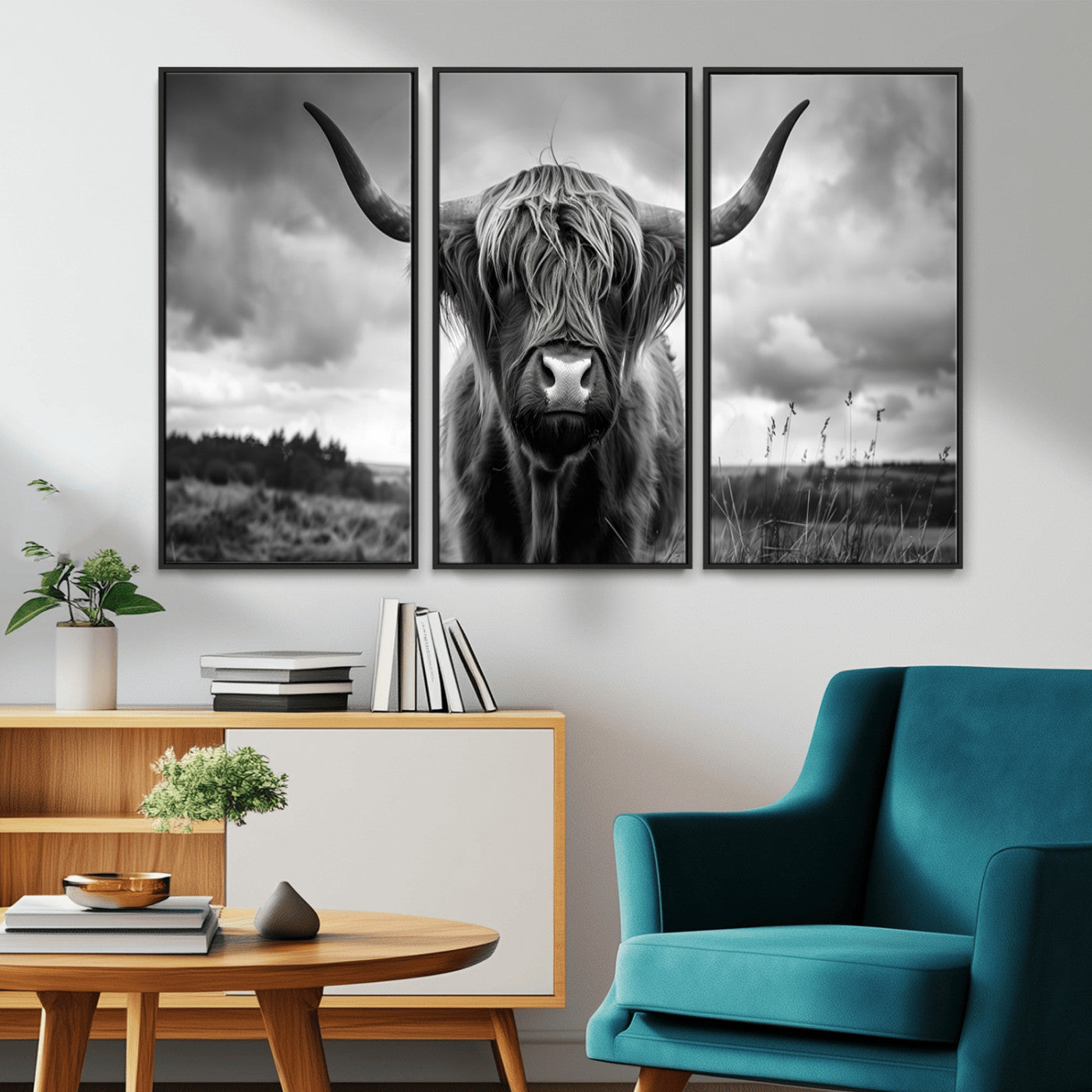 17924-MGV-CV-36X24-Highland Cow Wall Art – Black and White Rustic Longhorn Cattle Canvas Print, Farmhouse Animal Photography Decor for Country Home
