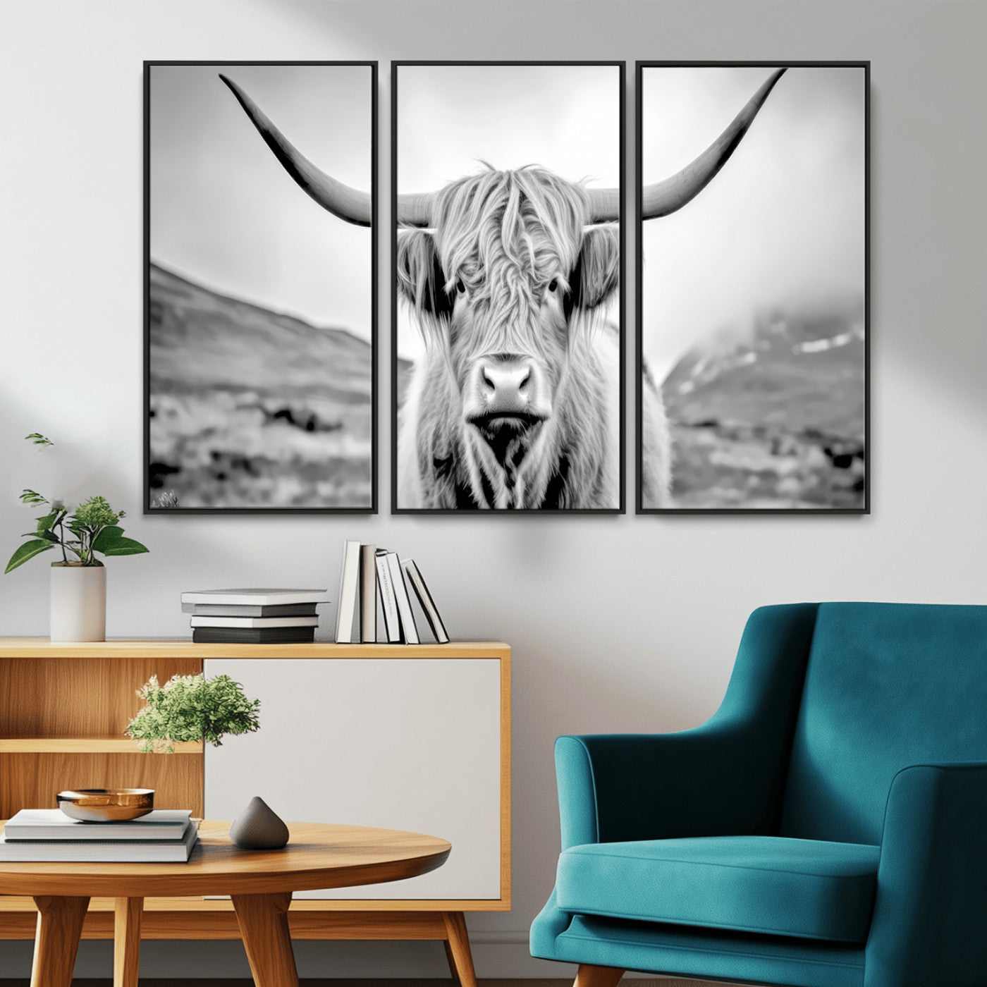 80564-MGV-CV-36X24-Highland Cow Wall Art – Black and White Scottish Highland Canvas Print, Rustic Farmhouse Decor for Living Room, Bedroom or Office