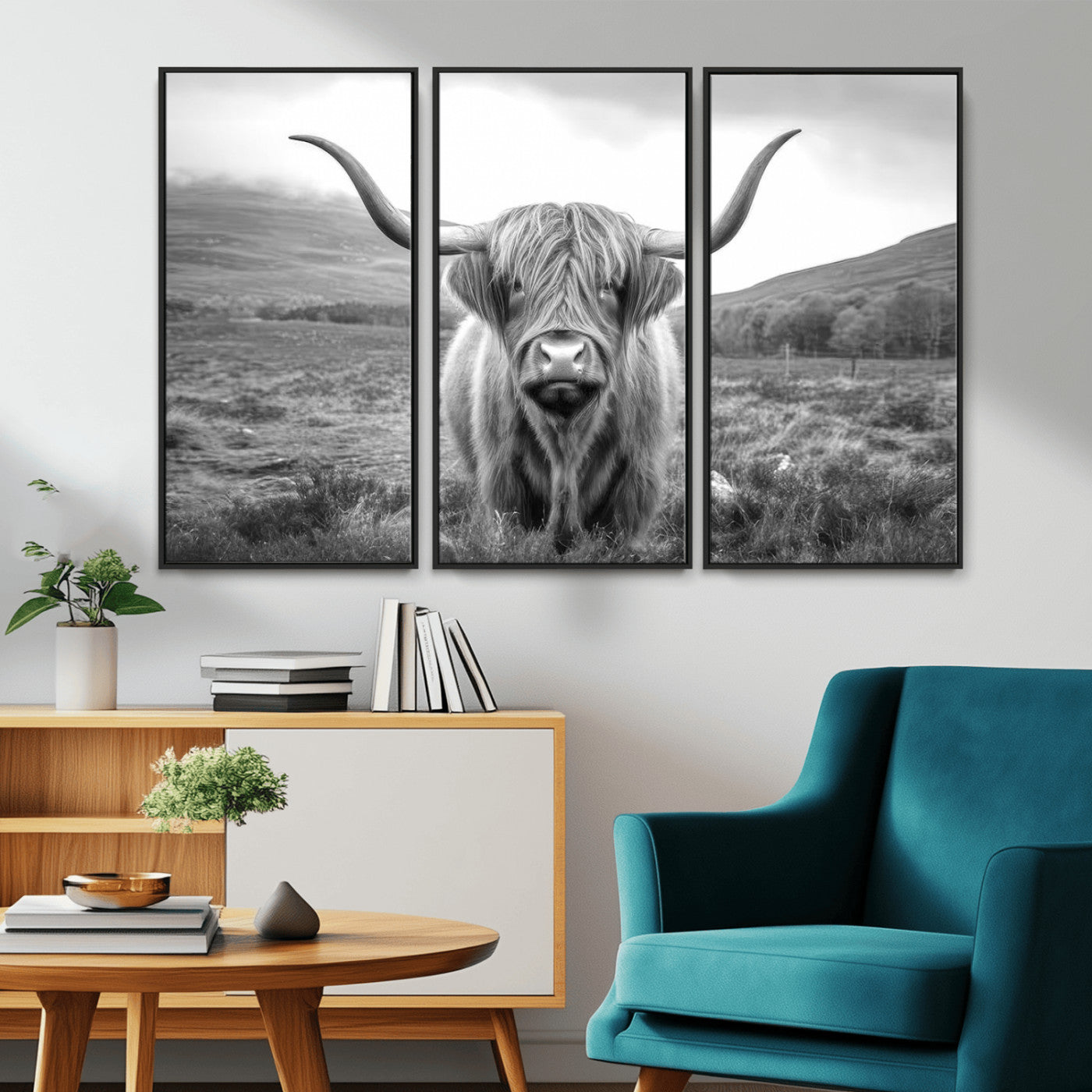 52903-MGV-CV-36X24-Highland Cow Wall Art – Black and White Canvas Print Rustic Cattle Portrait, Farmhouse Country Decor for Living Room, Office,