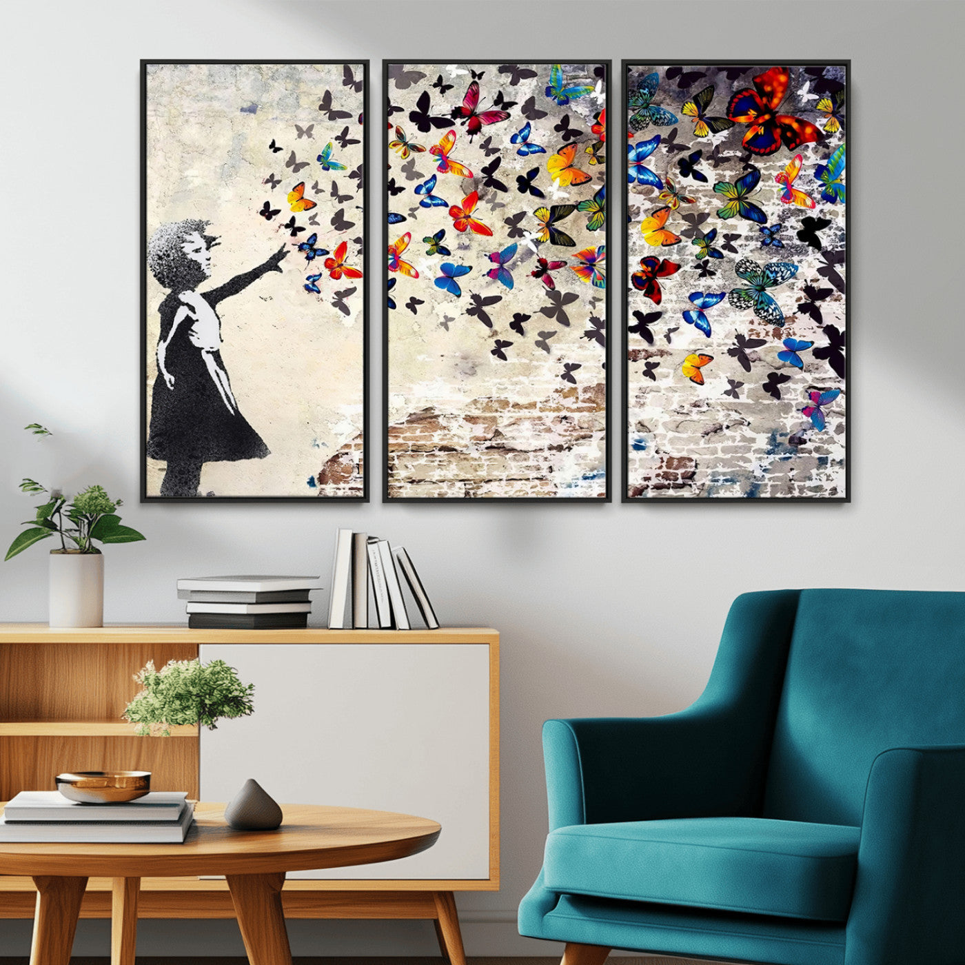 97895-MGV-CV-36X24-Girl with Butterflies Wall Art – Colorful Street Art Style Canvas Print, Modern Graffiti-Inspired Butterfly Artwork for Living