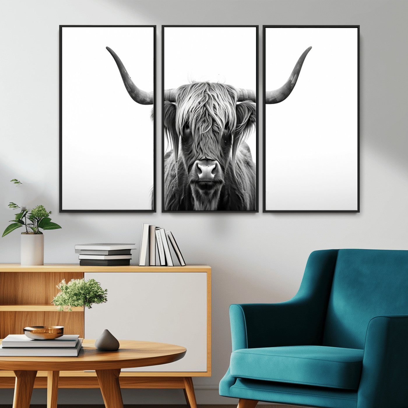 49556-MGV-CV-36X24-Highland Cow Wall Art – Black and White Scottish Highland Cattle Print, Rustic Farmhouse Minimalist Animal Portrait Canvas for