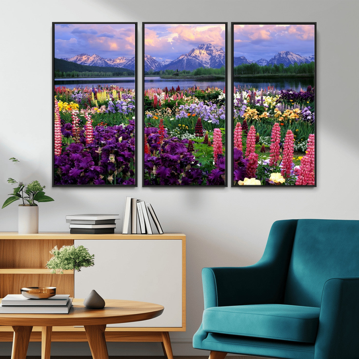 82270-MGV-CV-36X24-Colorful Wildflower Meadow Landscape Wall Art – Snow-Capped Mountain Lake Sunset Print, Vibrant Nature Artwork for Living Room,