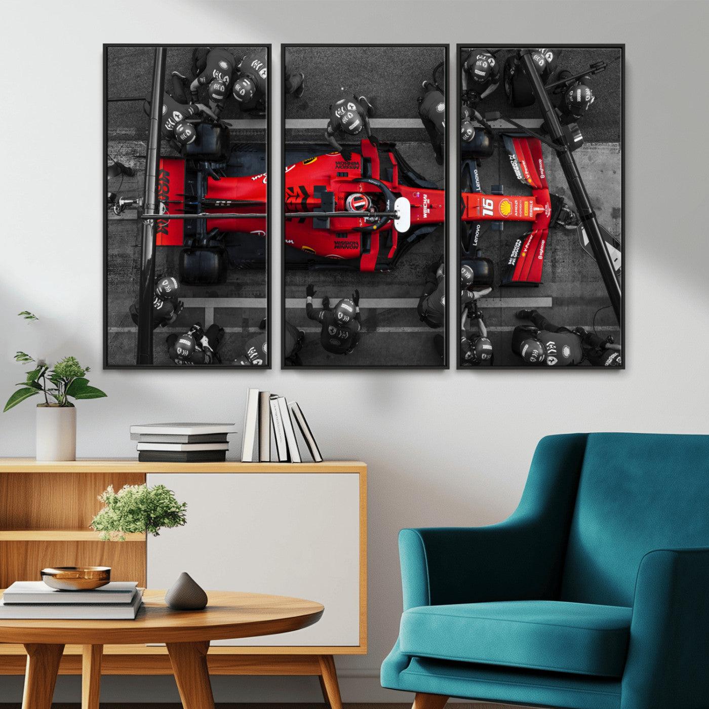 99356-MGV-FC-48X32-3P_Black-Ferrari Pit Stop Wall Art – Formula 1 Racing Car Canvas Print, Red Speed Machine Motorsport Decor for Office, Garage, Man Cave or