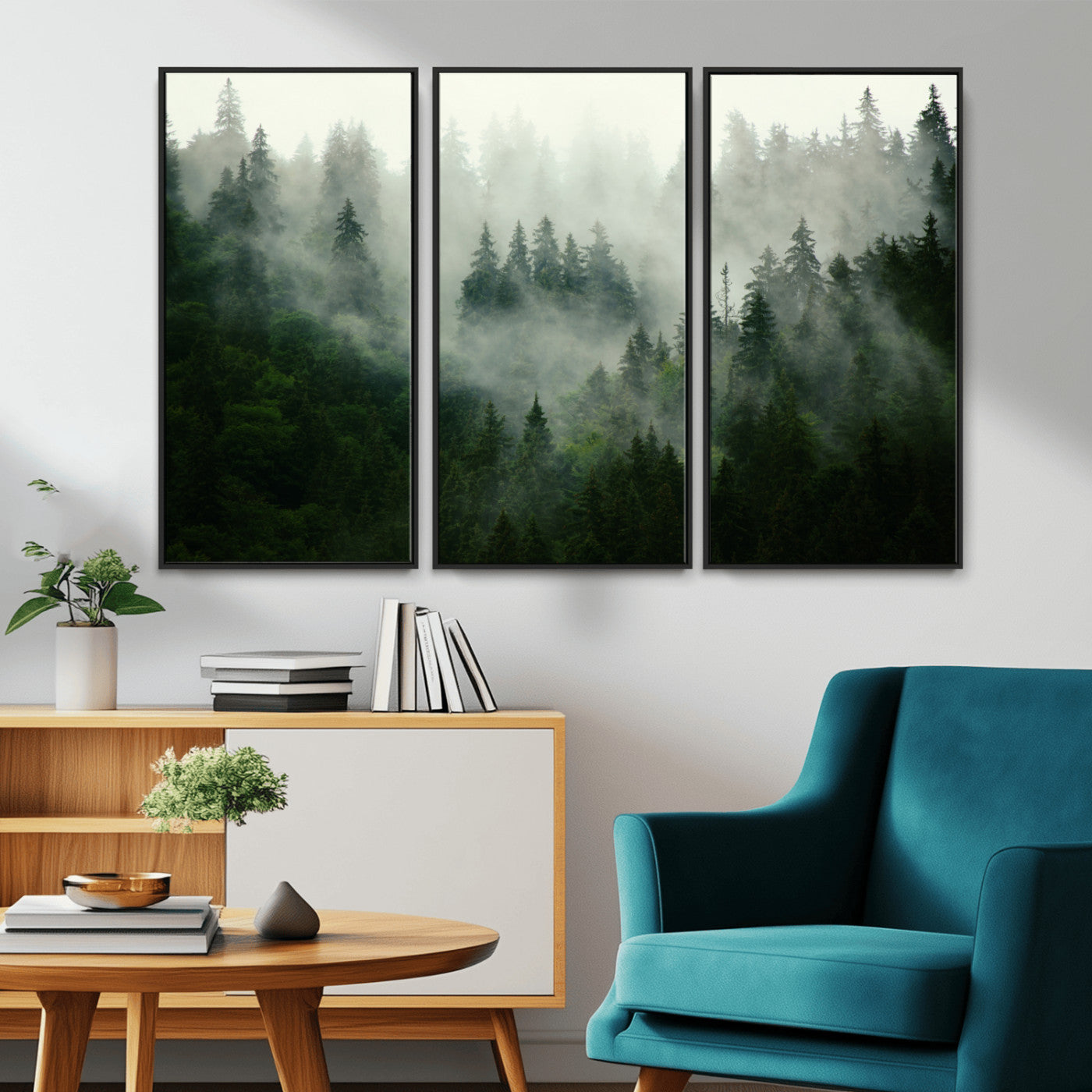 167720496-MGV-FC-48X32-3P_Black-Misty Forest Wall Art – Serene Evergreen Trees Canvas Print, Foggy Mountain Nature Landscape Decor for Bedroom, Living Room or
