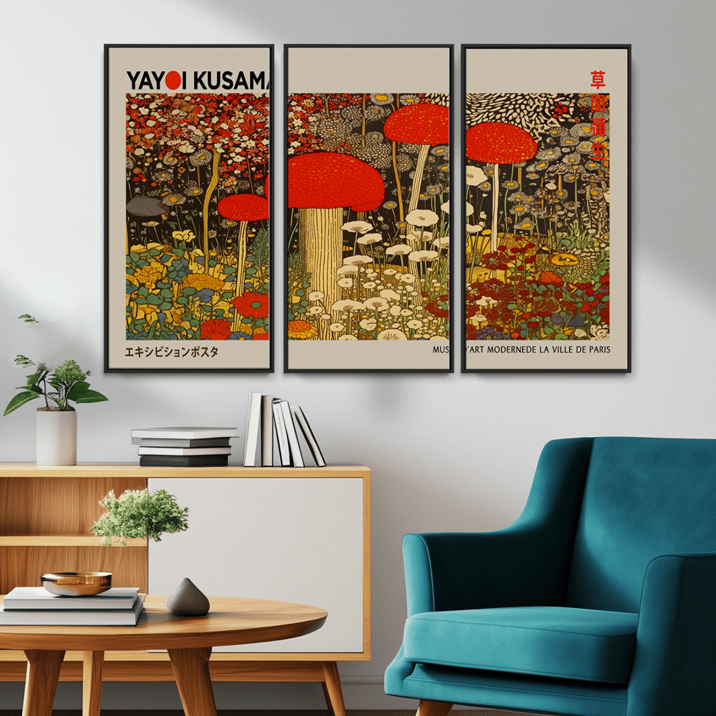 38013-MGV-CV-36X24-Yayoi Kusama Inspired Mushroom Garden Wall Art – Whimsical Botanical Canvas Print, Surreal Nature Poster, Fantasy Floral Artwork