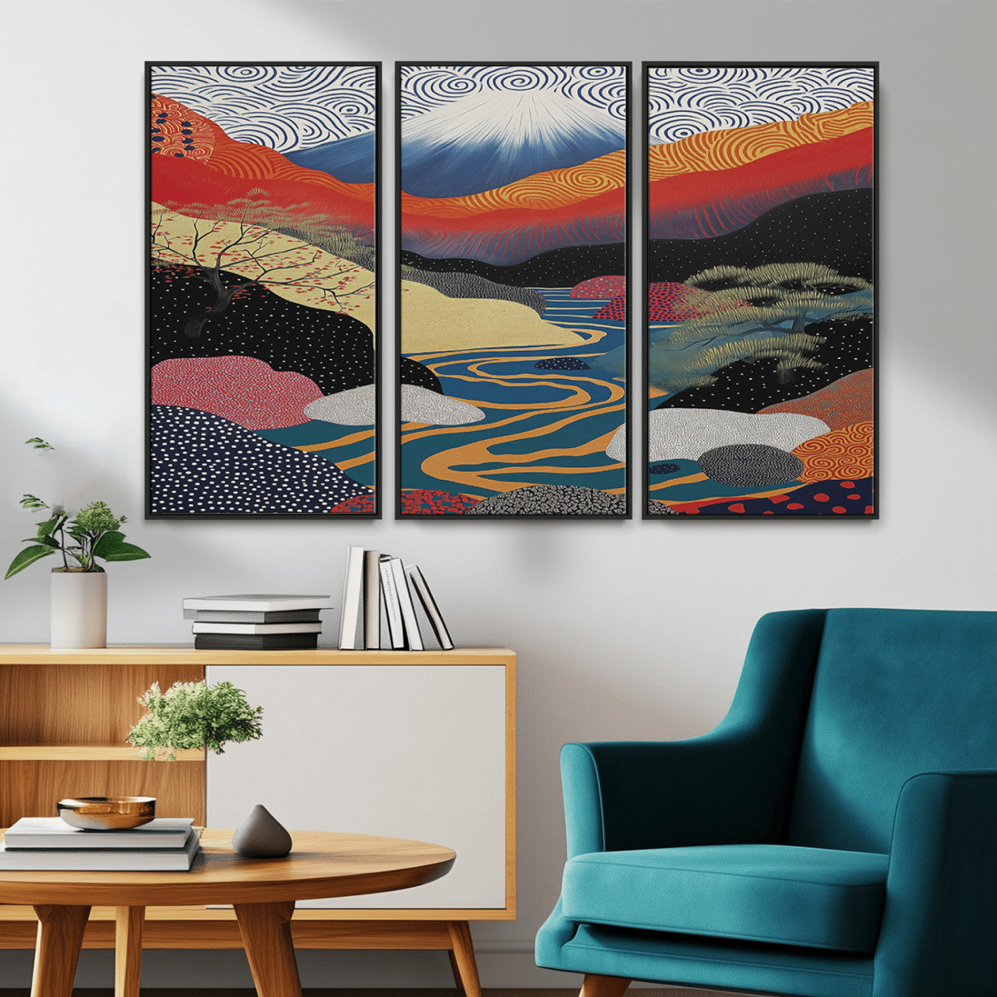 32131-MGV-CV-36X24-Japanese Mount Fuji Wall Art – Abstract Landscape Canvas Print with Swirling Sky & River, Modern Minimalist Asian Inspired Poster