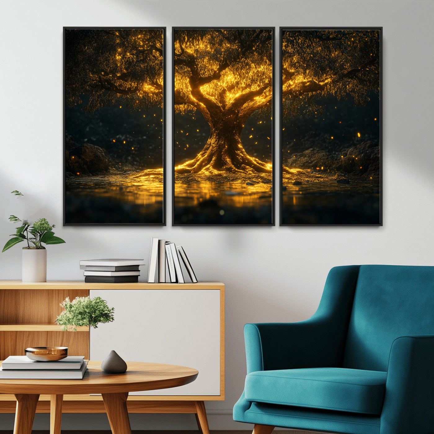 59580-MGV-CV-36X24-Glowing Tree Wall Art – Golden Fantasy Nature Canvas Print, Mystical Illuminated Tree Painting Poster for Living Room, Bedroom,