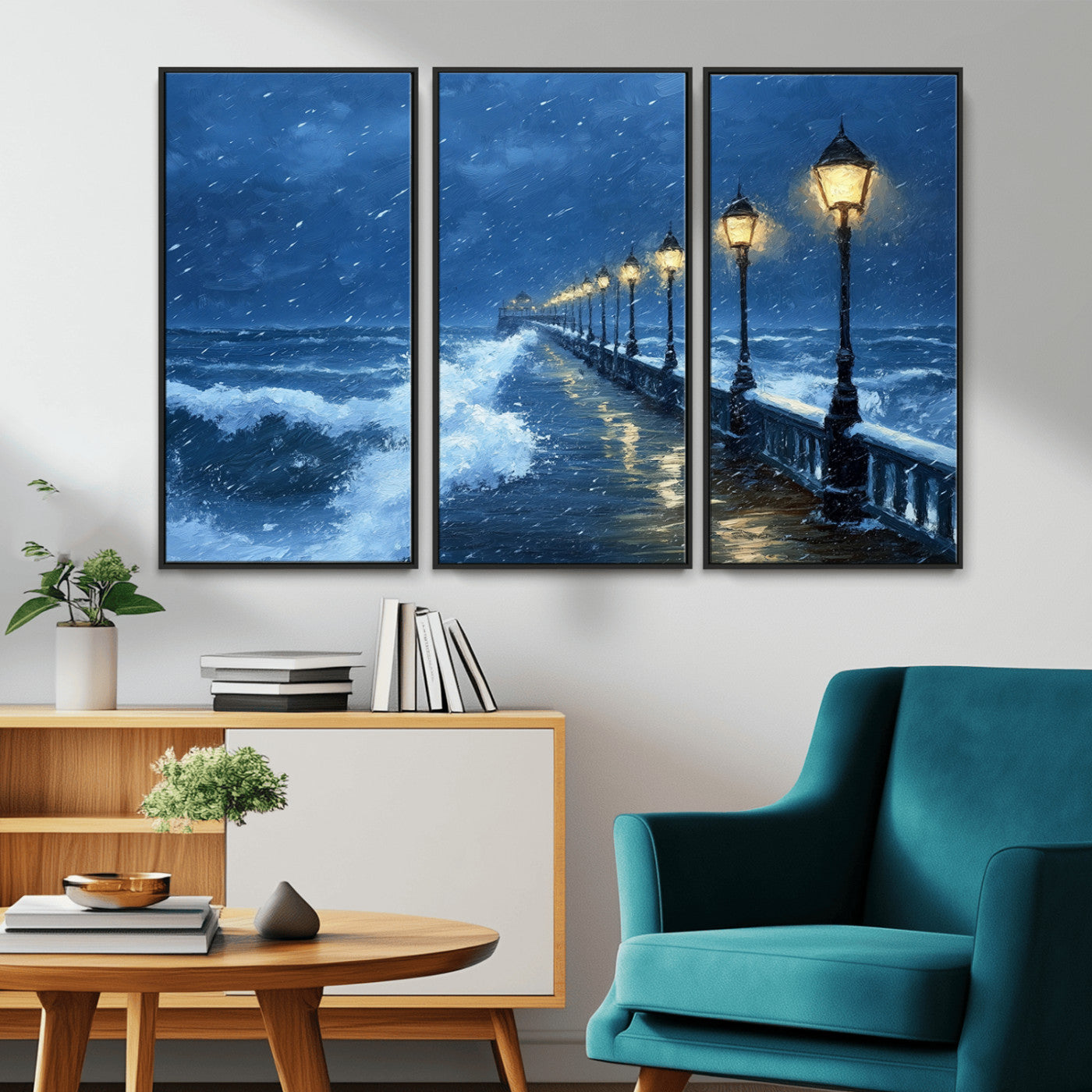 32668-MGV-CV-36X24-Stormy Pier Wall Art – Ocean Waves and Street Lamps Canvas Print, Rainy Night Seascape Oil Painting Poster for Living Room,