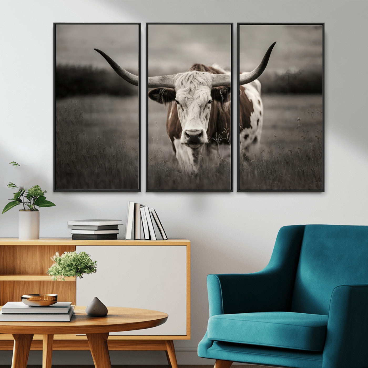 69238-MGV-CV-36X24-Longhorn Bull Wall Art – Rustic Black and White Texas Cattle Canvas Print, Western Farmhouse Animal Photography for Living Room,