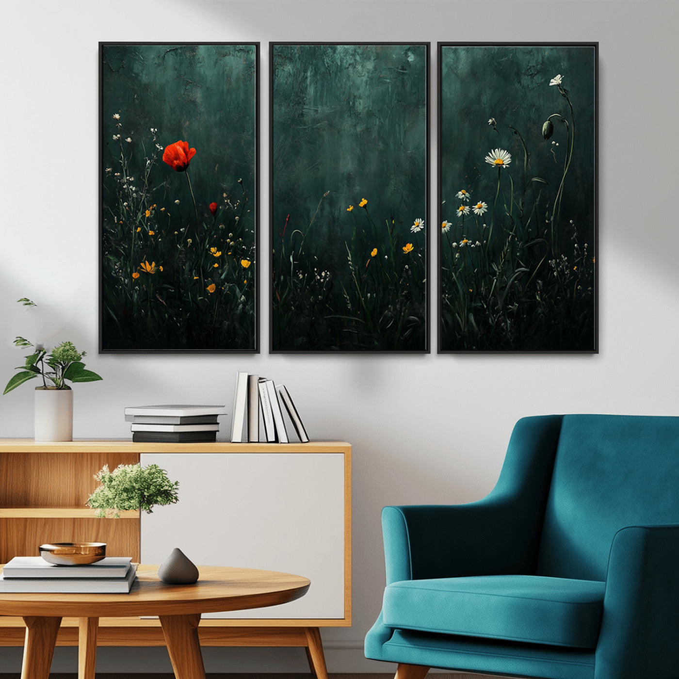26218-MGV-CV-36X24-Wildflower Wall Art – Dark Botanical Floral Canvas Print, Modern Nature Painting Poster with Daisy Poppy Yellow Flowers for Living