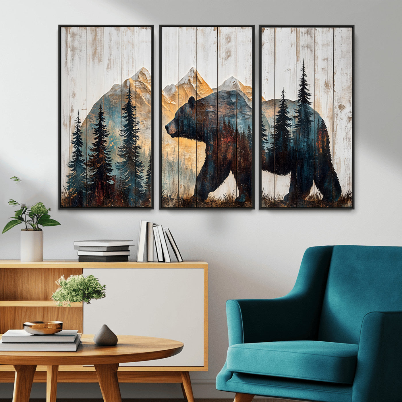 90077-MGV-CV-36X24-Wood Grizzly Bear Wall Art Canvas Print, Framed Abstract Bear Art Picture Print, Bear in Forest Perfect Rustic Lodge Decor Artwork
