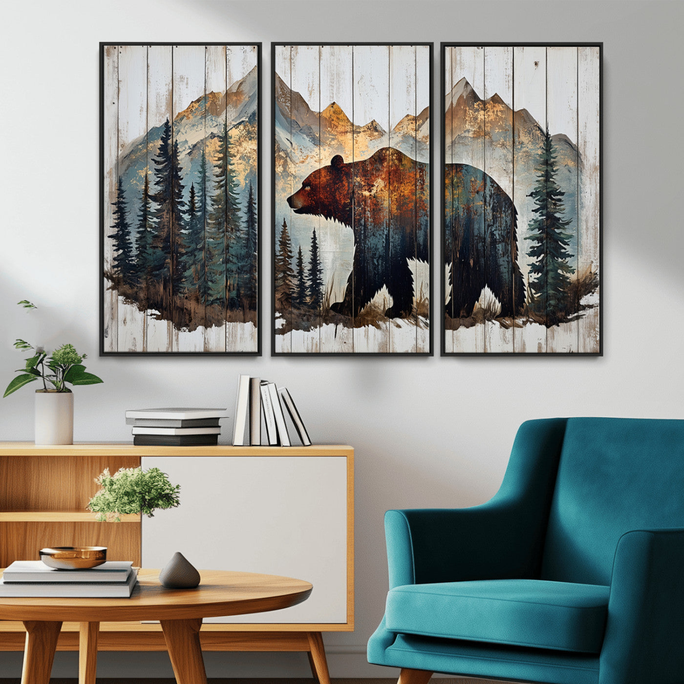 55777-MGV-CV-36X24-Rustic Bear Wall Art Canvas Print, Framed Mountain and Forest Art Picture Print, Wooden Bear Perfect Rustic Lodge Decor Artwork