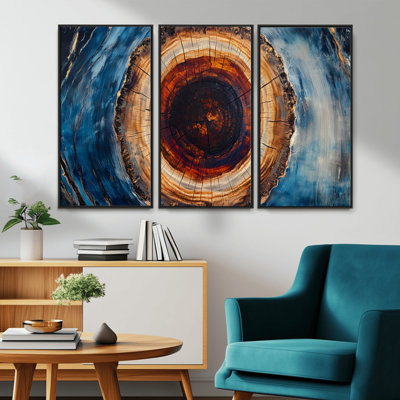 30457-MGV-CV-36X24-Tree Ring Abstract Wall Art – Blue and Brown Wood Grain Canvas Print, Modern Nature Inspired Painting for Rustic Living Room,