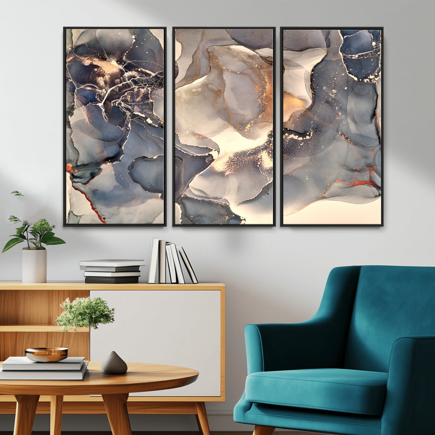 18202-MGV-CV-36X24-Abstract Neutral Wall Art – Blue, Beige and Gold Fluid Ink Canvas Print, Modern Minimalist Painting for Living Room, Office