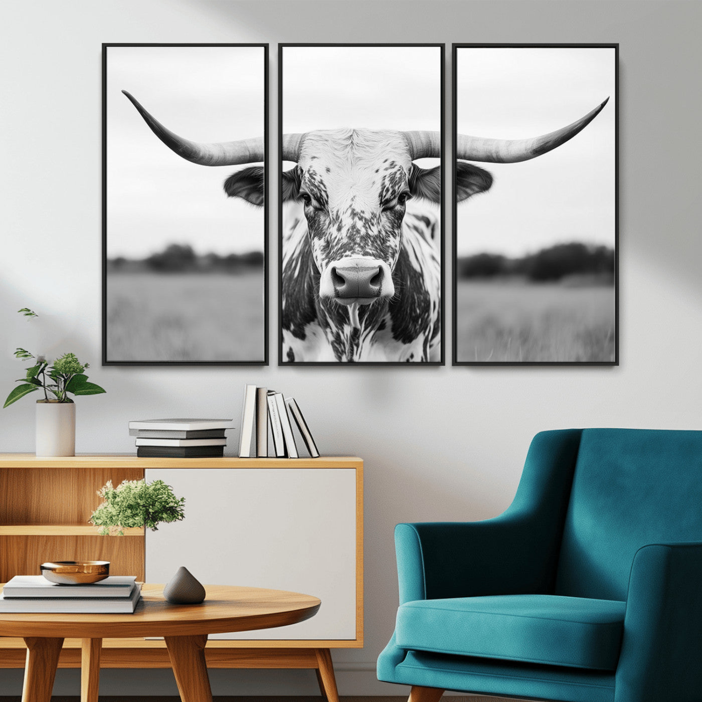 20272-MGV-FC-48X32-3P_Black-Texas Longhorn Wall Art – Black and White Cowboy Western Canvas Print, Rustic Farmhouse Cattle Photography Decor for Ranch, Barn