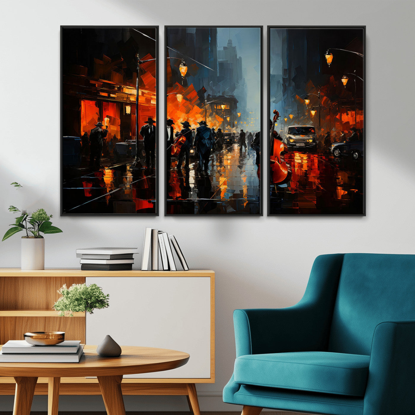 46538-MGV-CV-36X24-Urban Jazz Night Wall Art – Dramatic Music Canvas Print with Double Bass and Street Musicians, Modern City Scene Artwork for