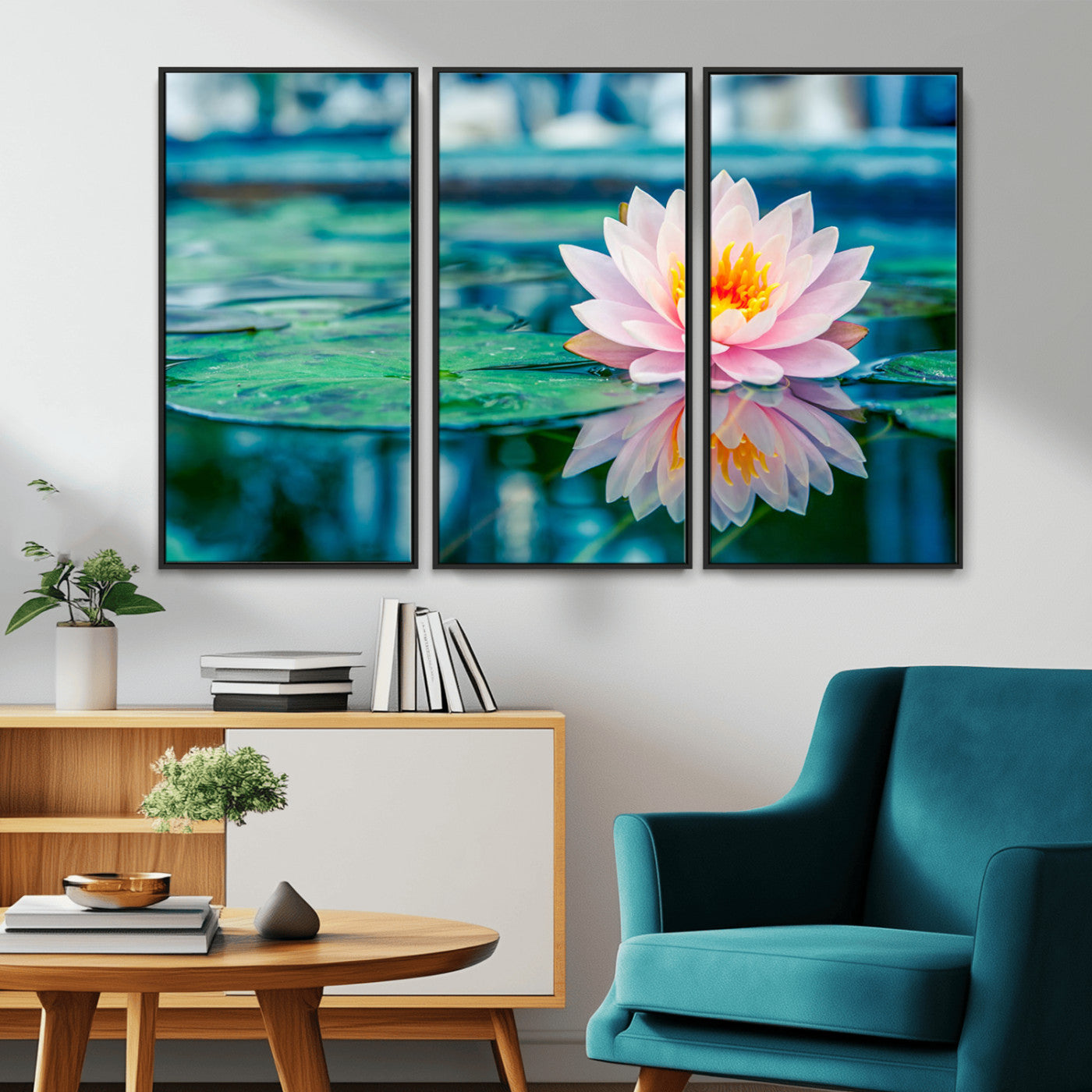 65933-MGV-CV-36X24-Pink Water Lily Wall Art – Lotus Flower Canvas Print with Reflection on Calm Water, Peaceful Botanical Artwork for Living Room,