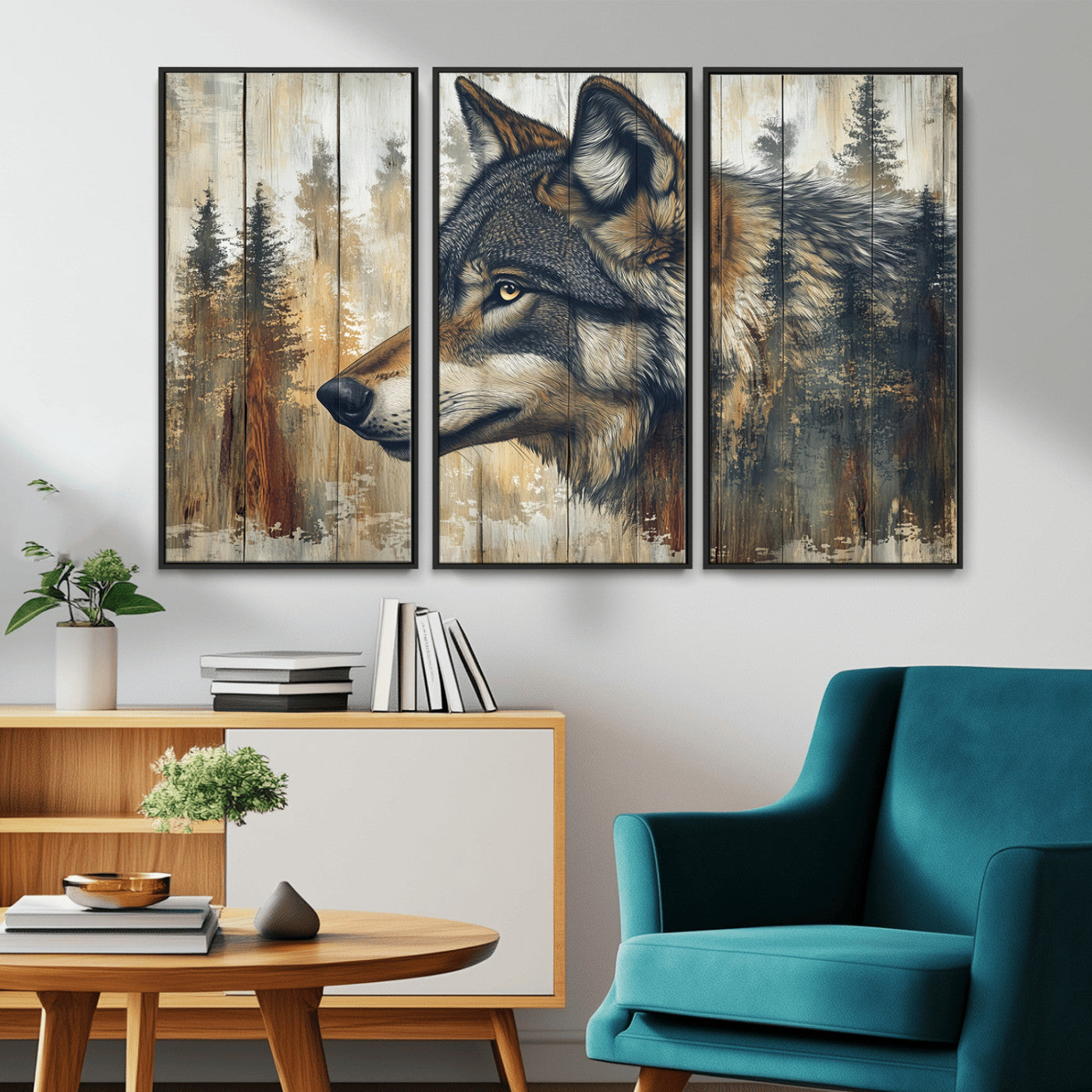 91882-MGV-CV-36X24-Wolf Wall Art – Rustic Canvas Print of Forest Wolf on Wood Background, Wildlife Lodge Artwork for Living Room, Bedroom, Cabin, or