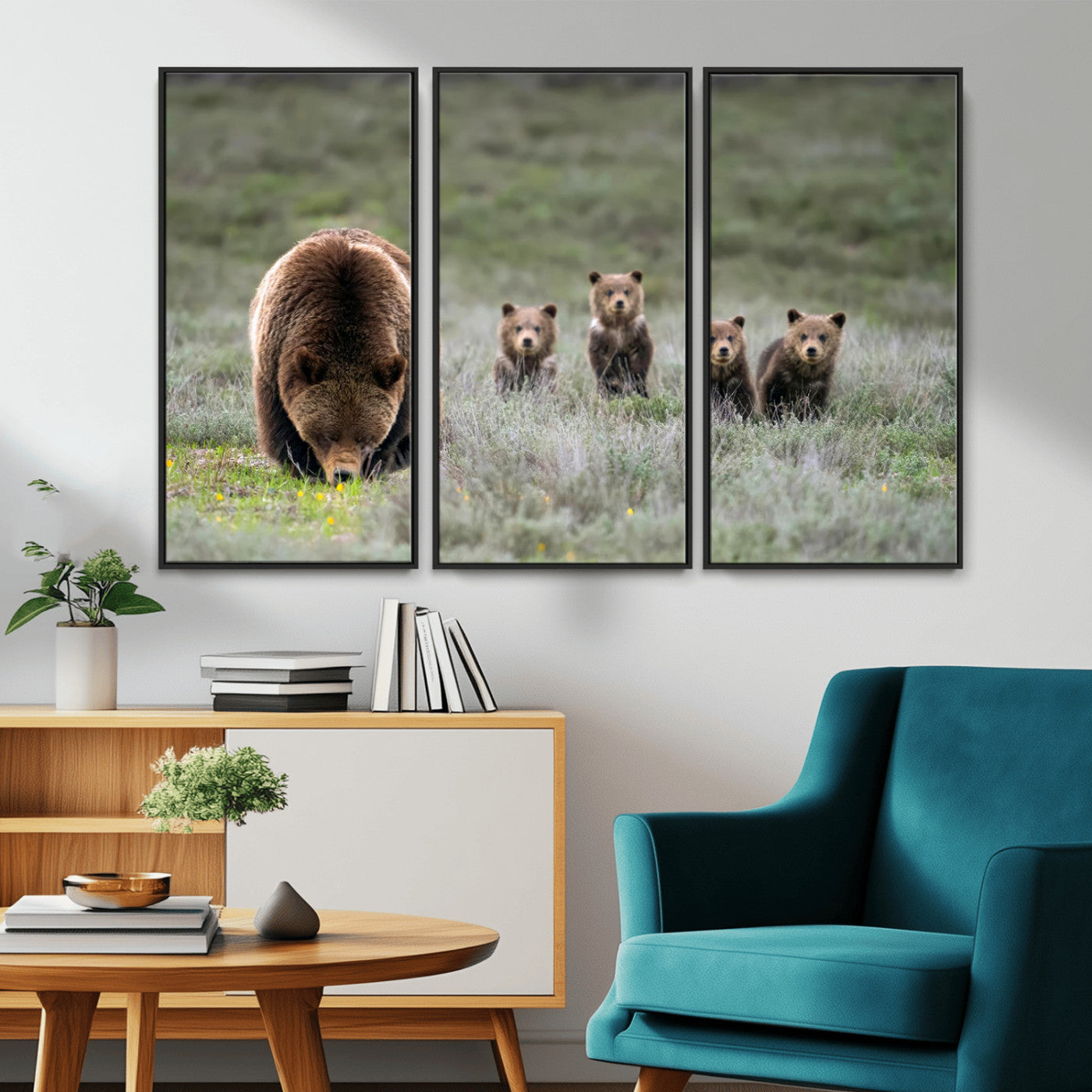 40555-MGV-CV-36X24-Bear Family Wall Art – Wildlife Canvas Print of Mother Bear with Four Cubs in Nature, Rustic Animal Artwork for Living Room,