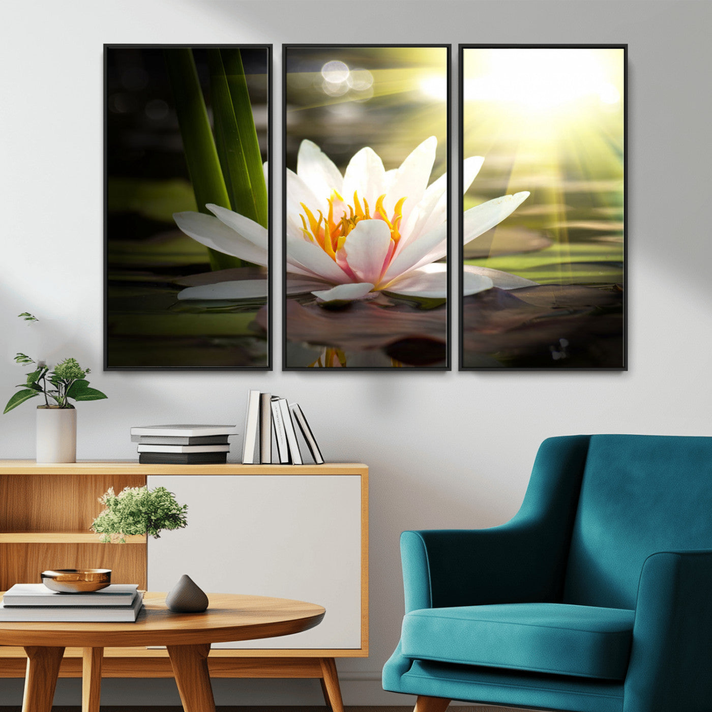 60352-MGV-CV-36X24-White Water Lily Wall Art – Lotus Flower Canvas Print with Sunlight Reflection, Peaceful Botanical Artwork for Living Room,