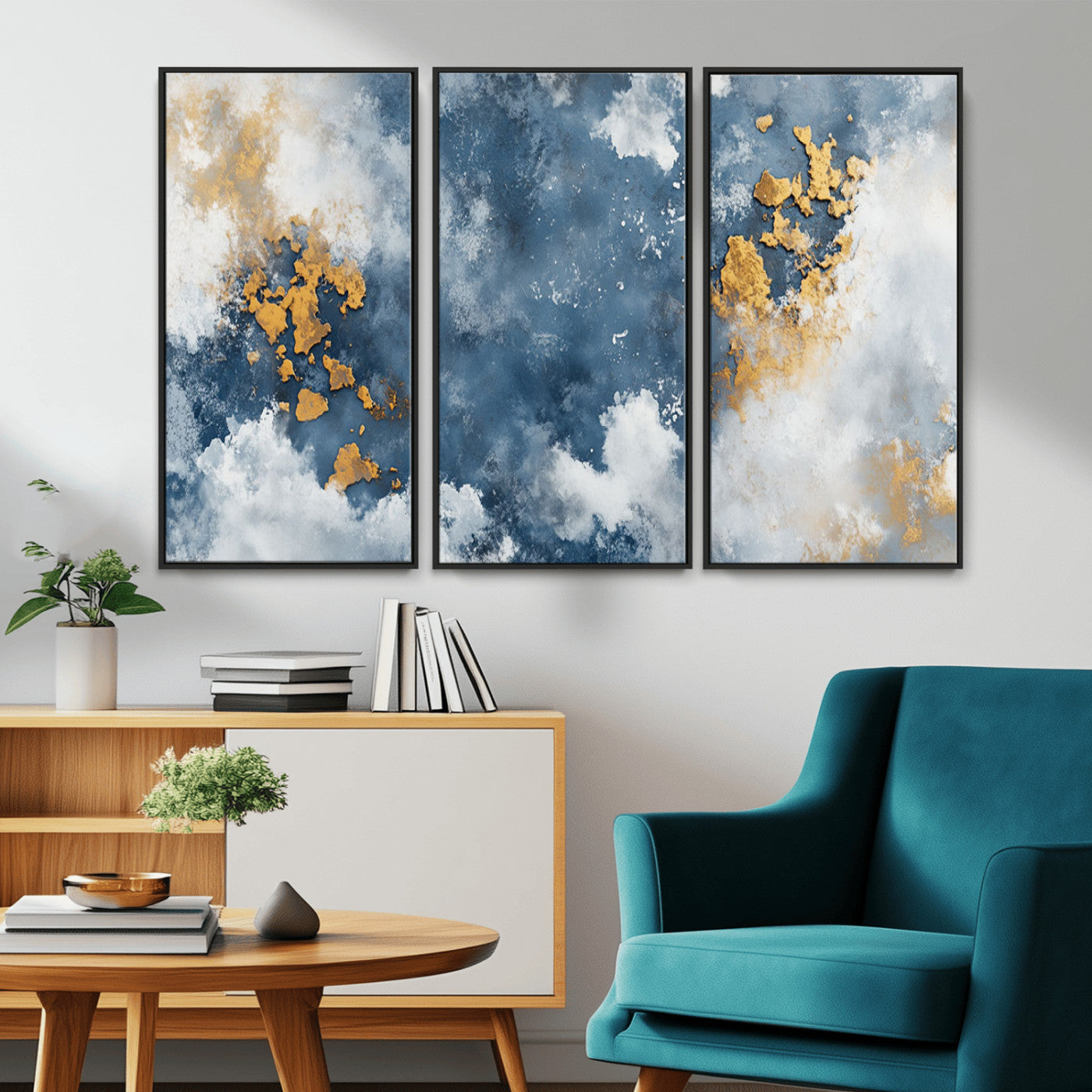 39575-MGV-CV-36X24-Blue and Gold Abstract Wall Art – Modern Canvas Print Featuring Cloudy Textures with Metallic Accents, Contemporary Artwork for