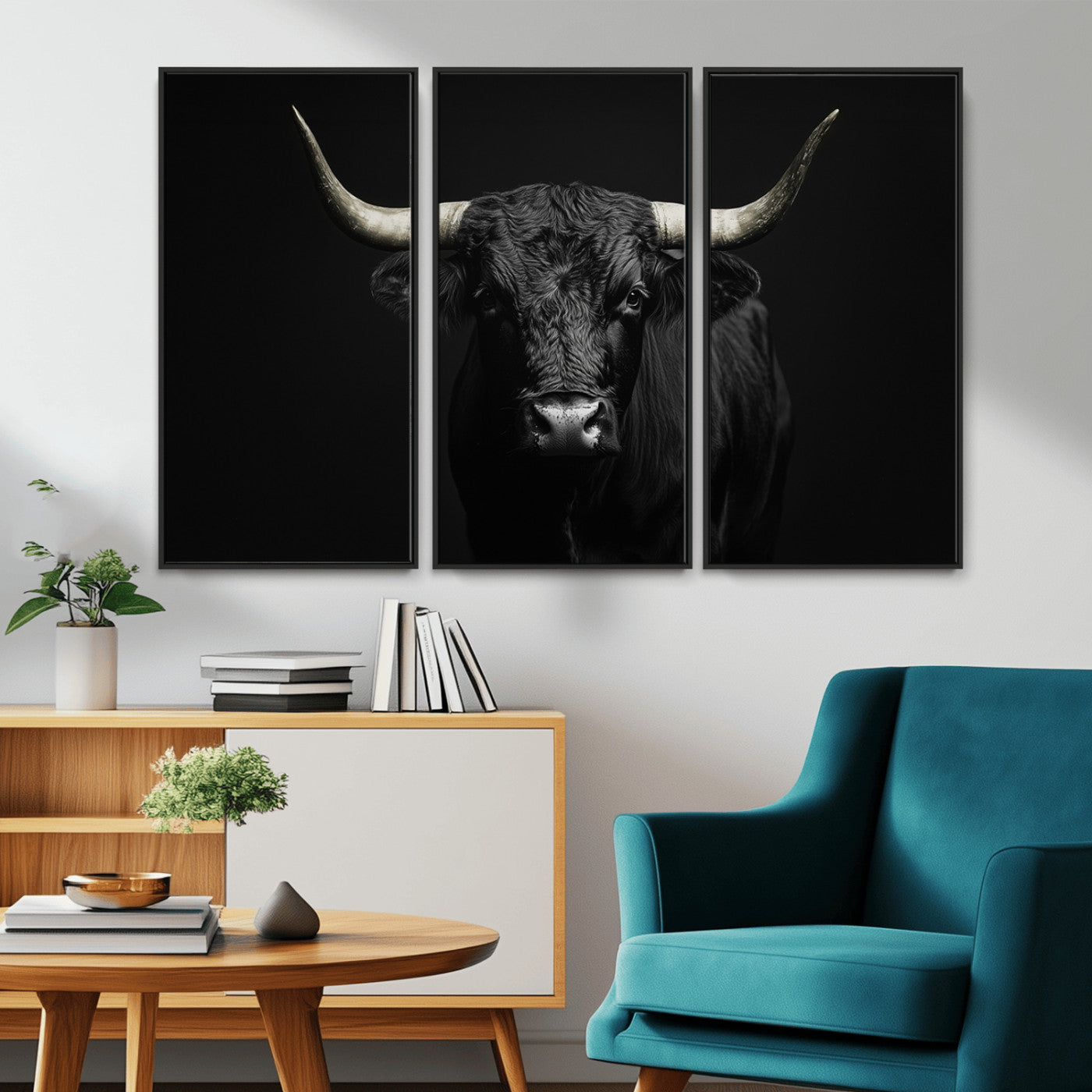 97914921-MGV-CV-36X24-Black Bull Wall Art Canvas Print, Framed Longhorn Bull Art Picture Print, Western Bull Perfect Monochrome Western Decor Artwork