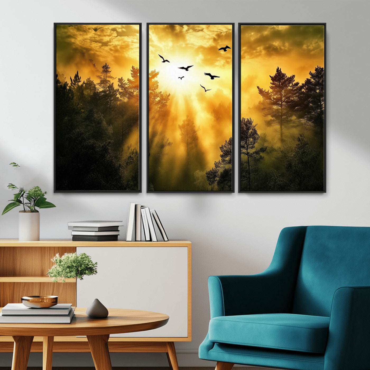 13776802-MGV-CV-36X24-Golden Forest Wall Art Canvas Print, Framed Sunset Pines Art Picture Print, Flying Birds Perfect Nature Glow Decor Artwork