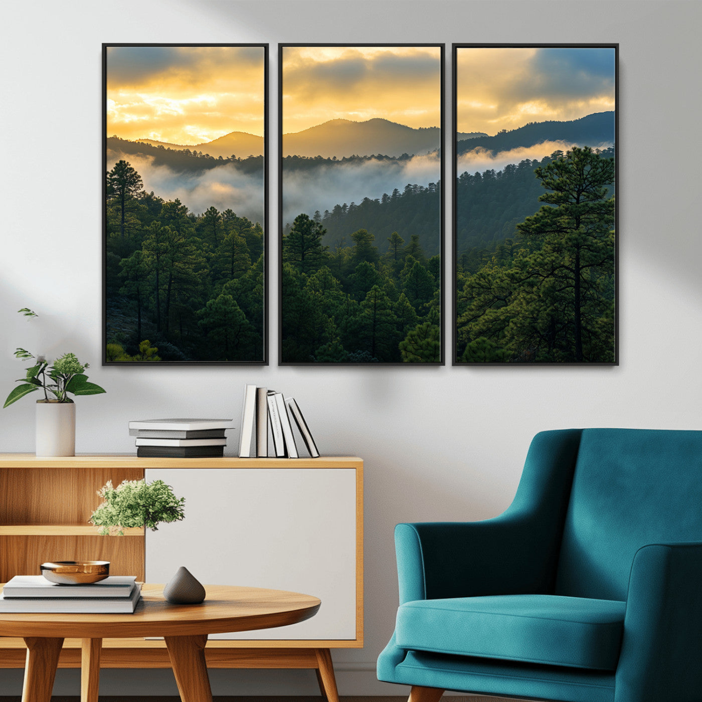 68082278-MGV-CV-36X24-Mountain Sunrise Wall Art Canvas Print, Framed Pine Forest Art Picture Print, Misty Mountains Perfect Earthy Woodland Decor