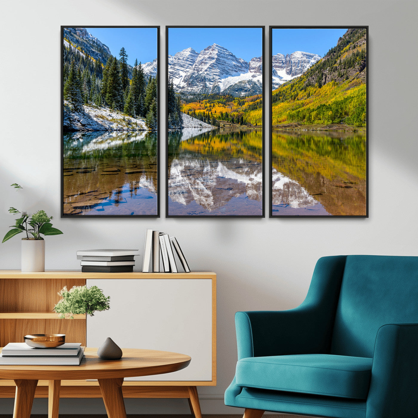 87724099-MGV-CV-36X24-Maroon Bells Wall Art Canvas Print, Framed Snowy Mountains Art Picture Print, Pine Forest Perfect Vibrant Alpine Decor Artwork