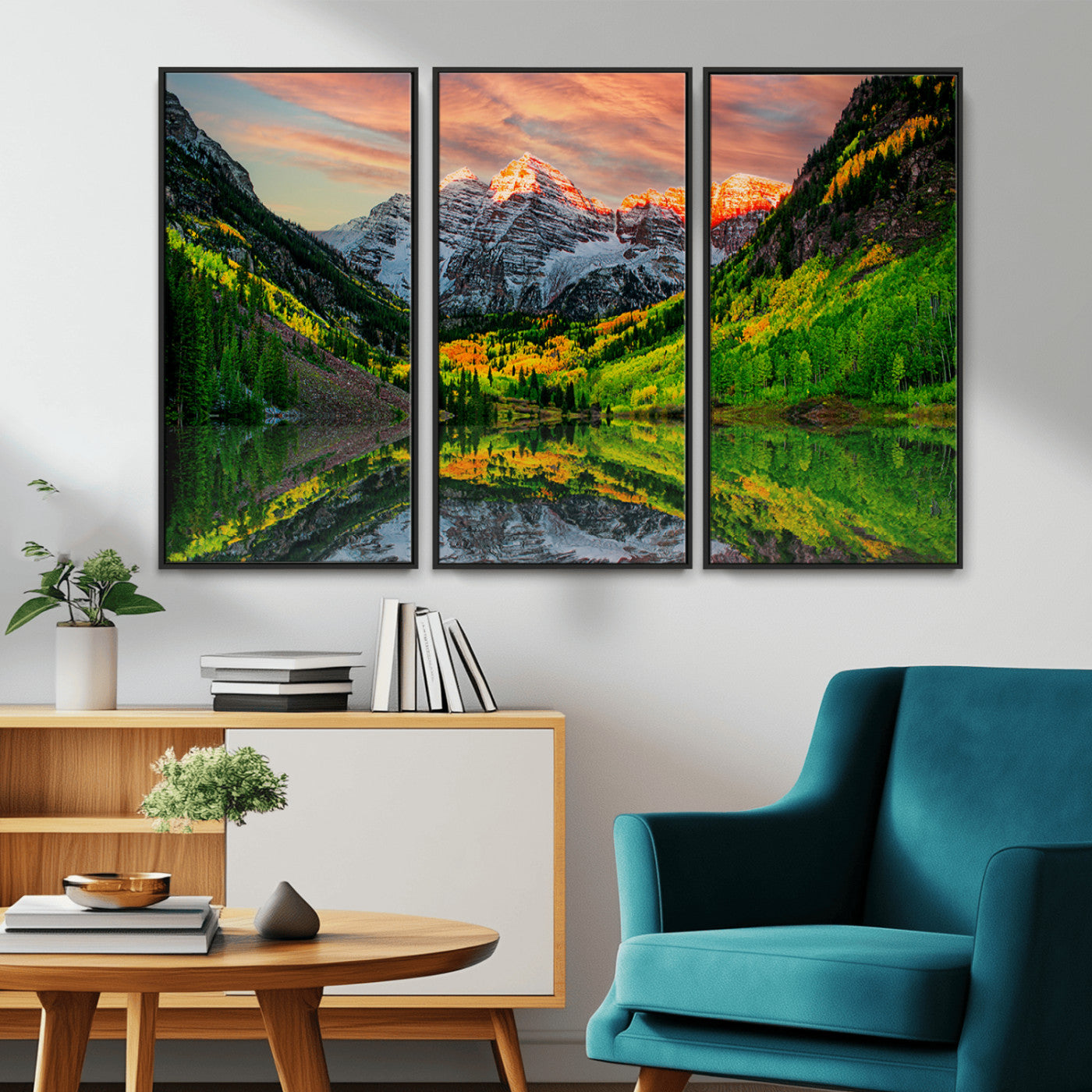 59533484-MGV-CV-36X24-Maroon Bells Autumn Wall Art – Panoramic Mountain Landscape Canvas Print, Sunset Reflection Nature Artwork for Living Room, Office