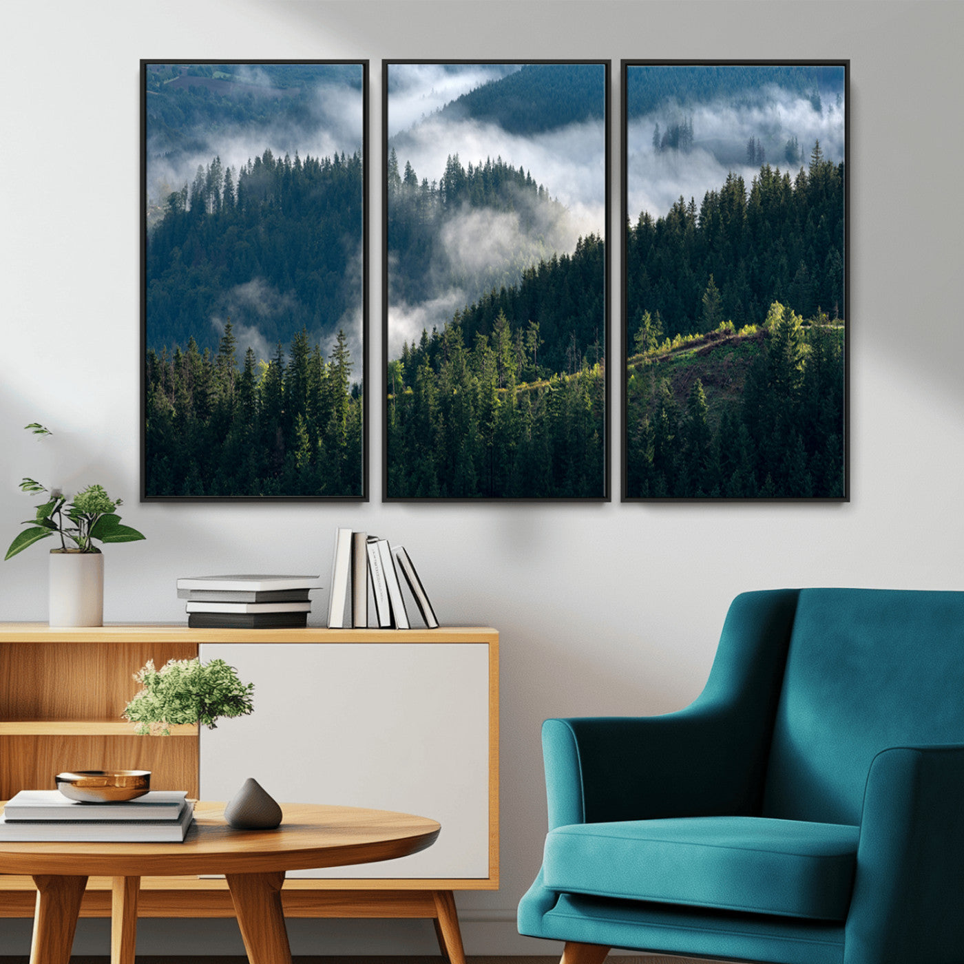 84598503-MGV-FC-48X32-3P_Black-Misty Forest Wall Art Canvas Print, Framed Pine Hills Art Picture Print, Moody Hills Perfect Moody Woodland Decor Artwork