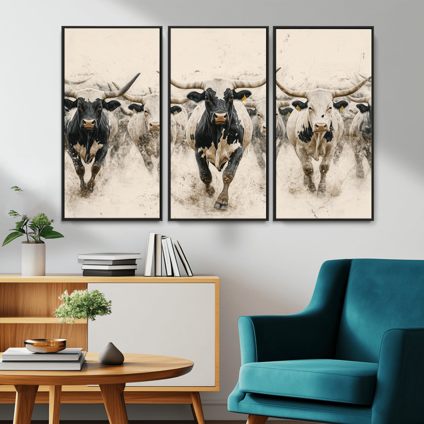 61538944-MGV-CV-36X24-Texas Longhorn Wall Art Canvas Print, Framed Cattles Walking Art Picture Print, Black White Bulls Perfect Rustic Western Decor