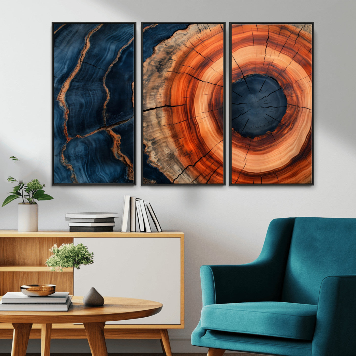 41123192-MGV-CV-36X24-Tree Ring Canvas Wall Art – Abstract Blue Orange Wood Grain Print, Rustic Modern Nature Artwork for Living Room, Bedroom, Office