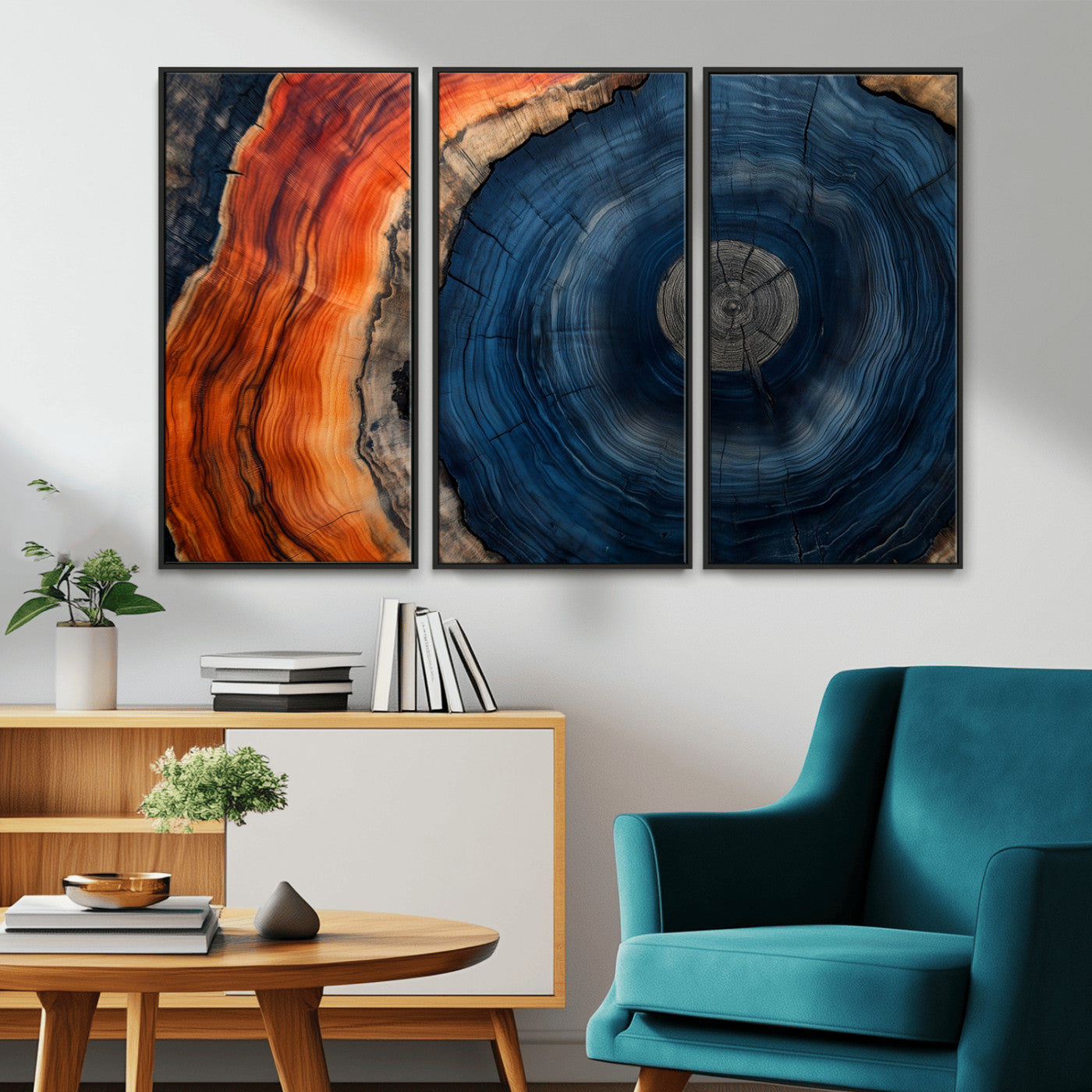 99491700-MGV-CV-36X24-Tree Ring Canvas Wall Art – Blue Orange Abstract Wood Grain Print, Rustic Modern Nature Artwork for Living Room, Office, Bedroom