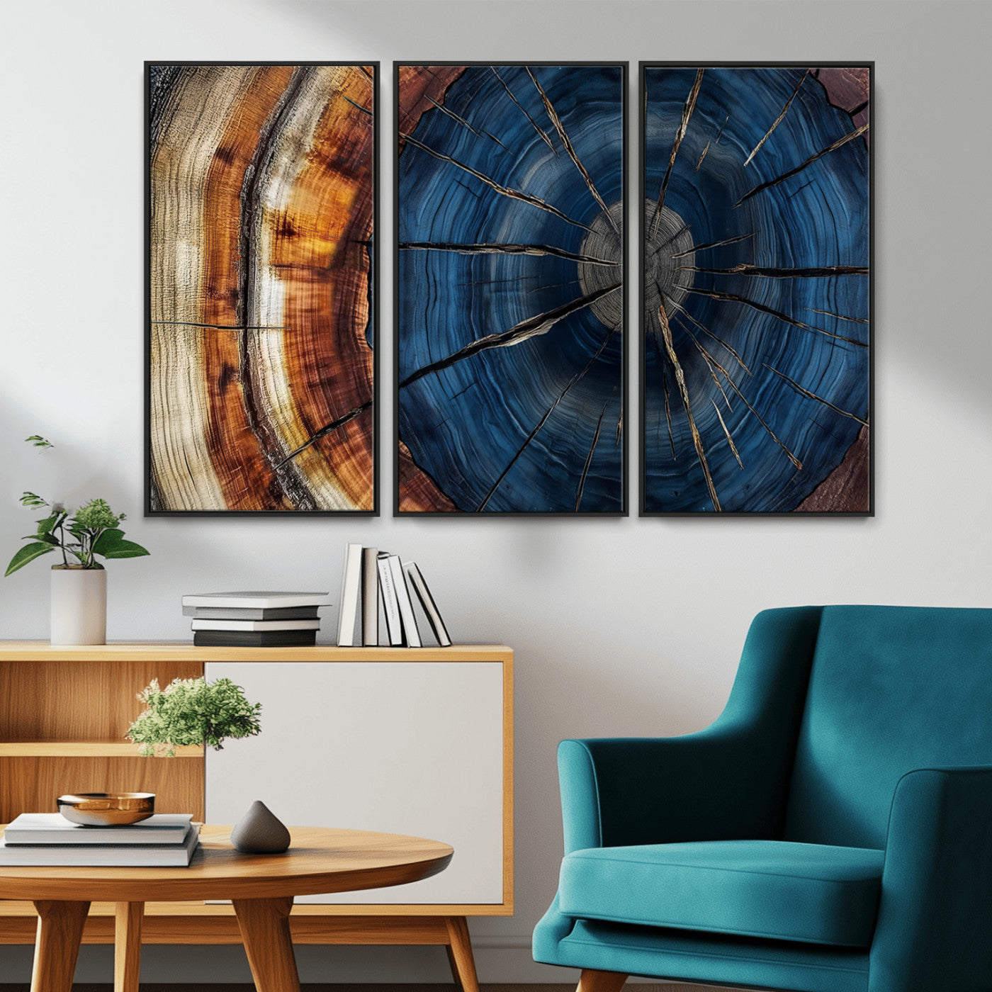 60099360-MGV-FC-48X32-3P_Black-Blue Tree Ring Wall Art – Rustic Wood Grain Canvas Print, Modern Abstract Artwork with Natural Texture for Living Room, Bedroom,