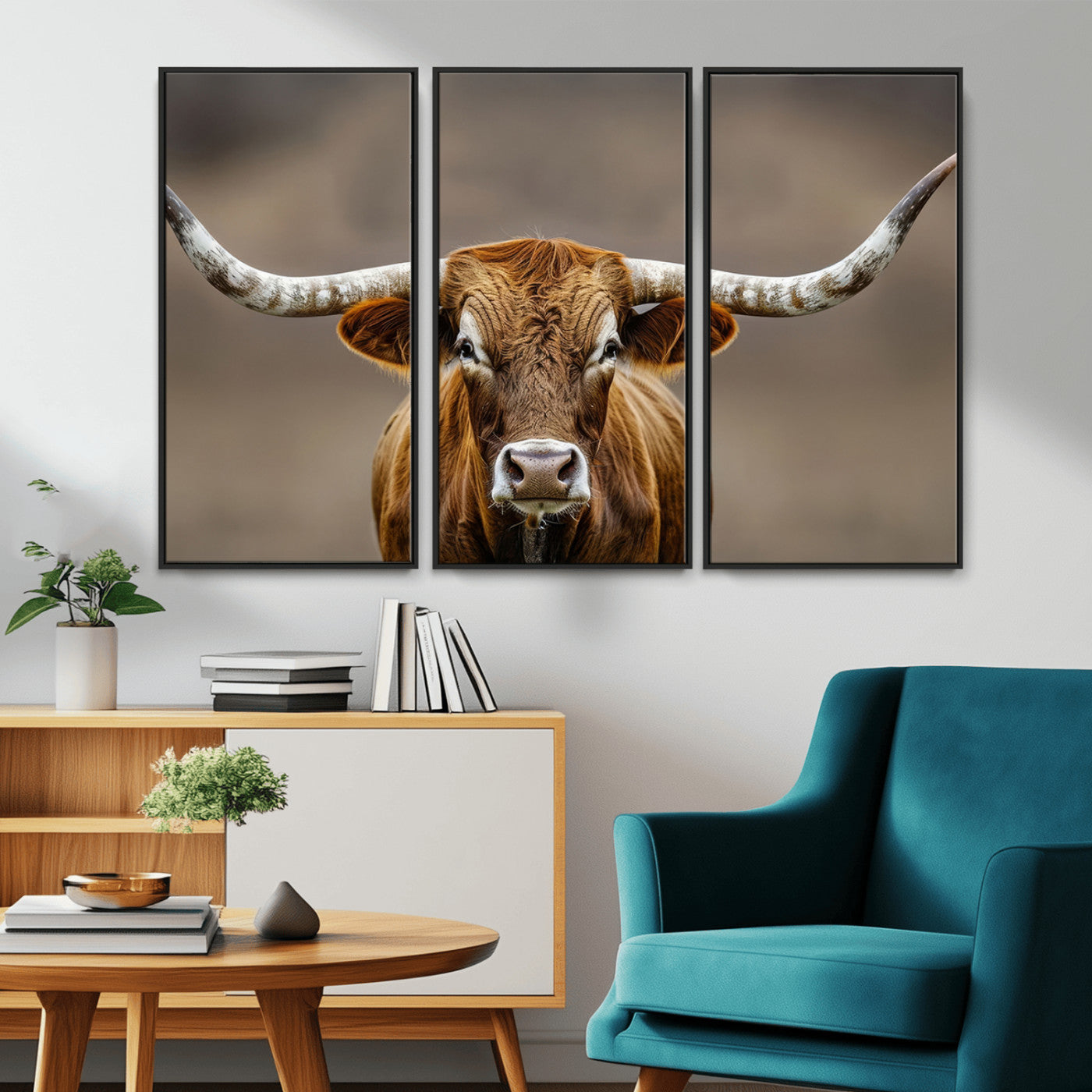 12179171-MGV-CV-36X24-Texas Longhorn Wall Art Canvas Print, Framed Brown Bull Art Picture Print, Lone Cattle Perfect Rustic Western Decor Artwork