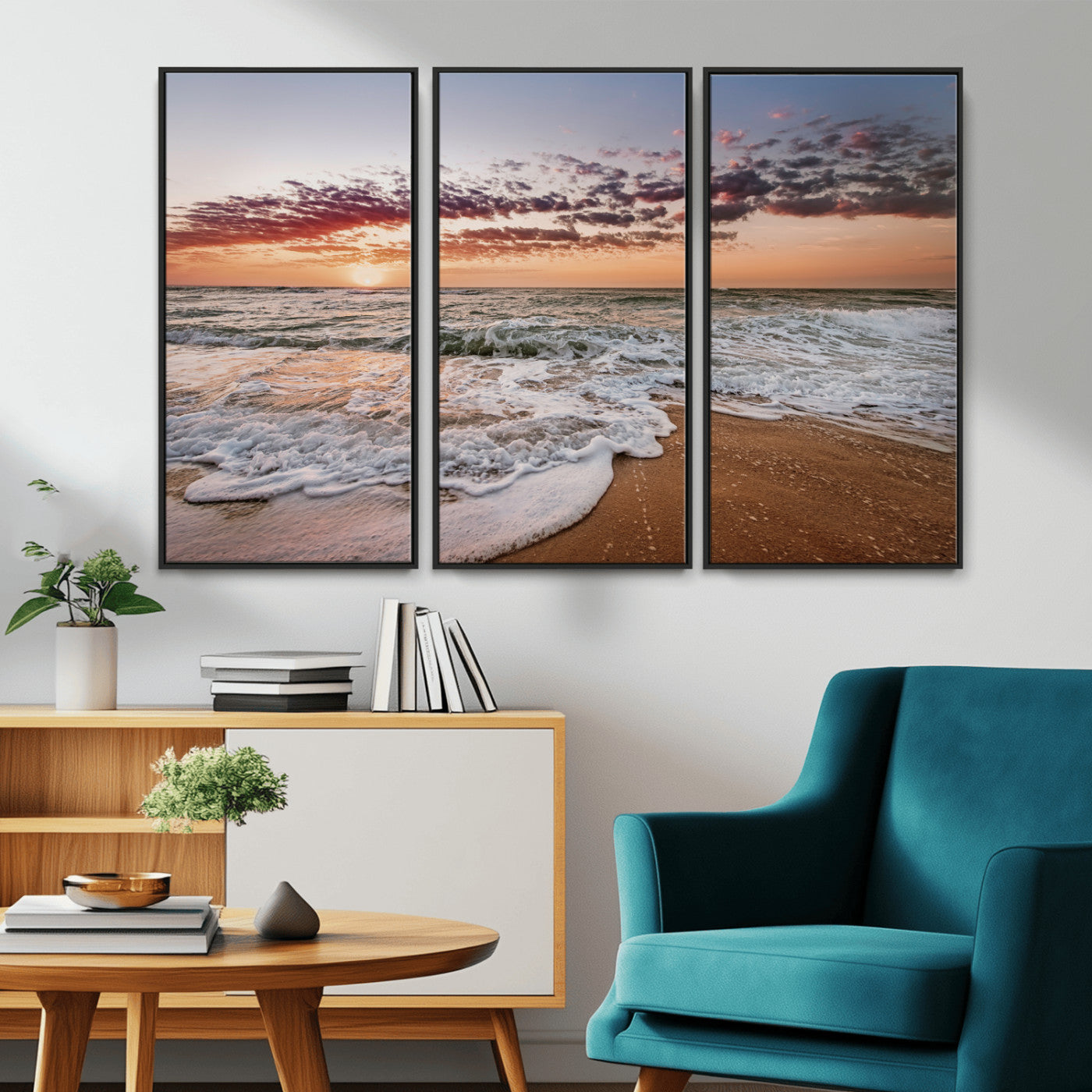39846389-MGV-CV-36X24-Ocean Sunset Wall Art Canvas Print, Framed Sandy Shore Art Picture Print, Gentle Waves Perfect Minimalist Coastal Decor Artwork