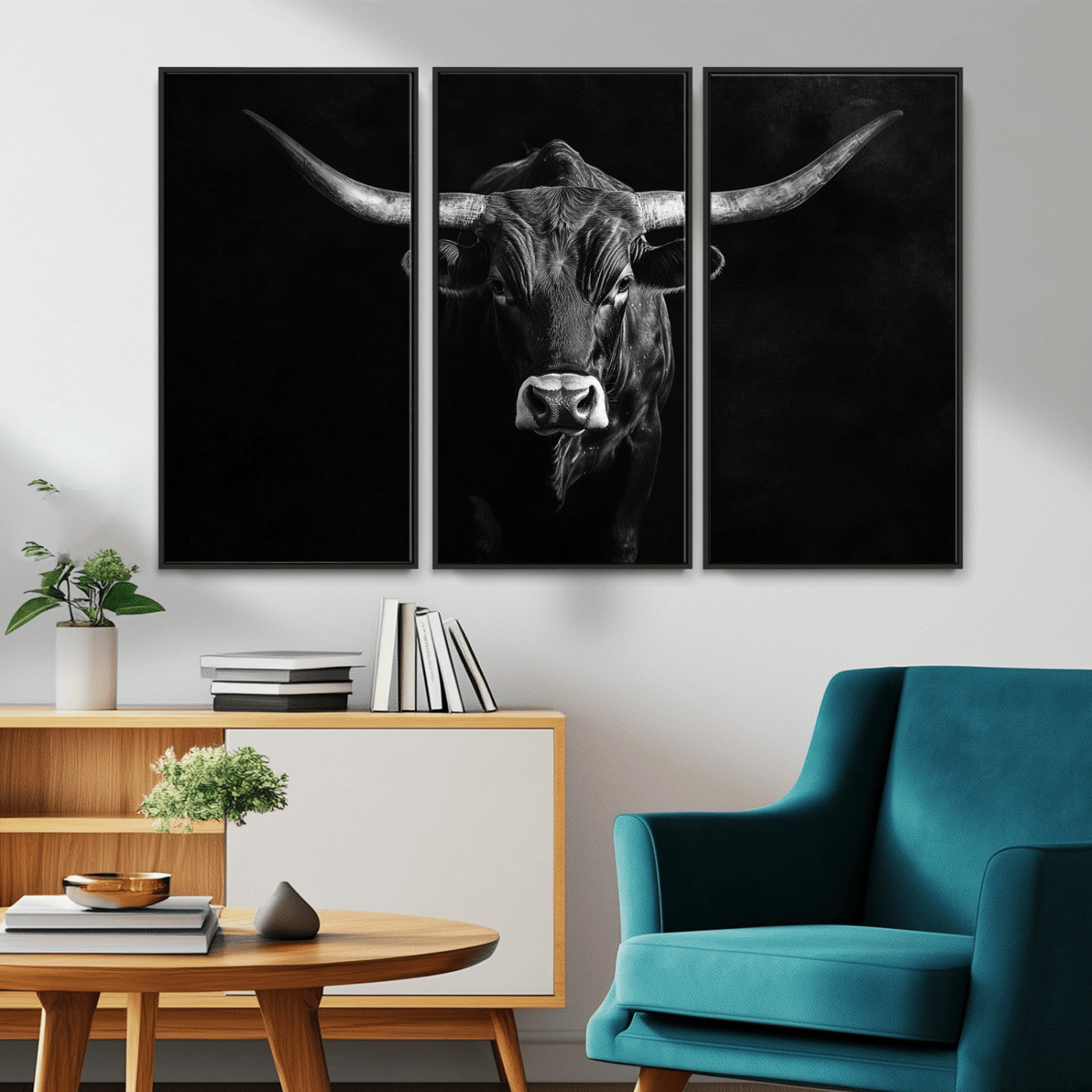42077175-MGV-CV-36X24-Texas Longhorn Wall Art Canvas Print, Framed Monochrome Bull Art Picture Print, Horned Bull Perfect Rustic Western Decor Artwork